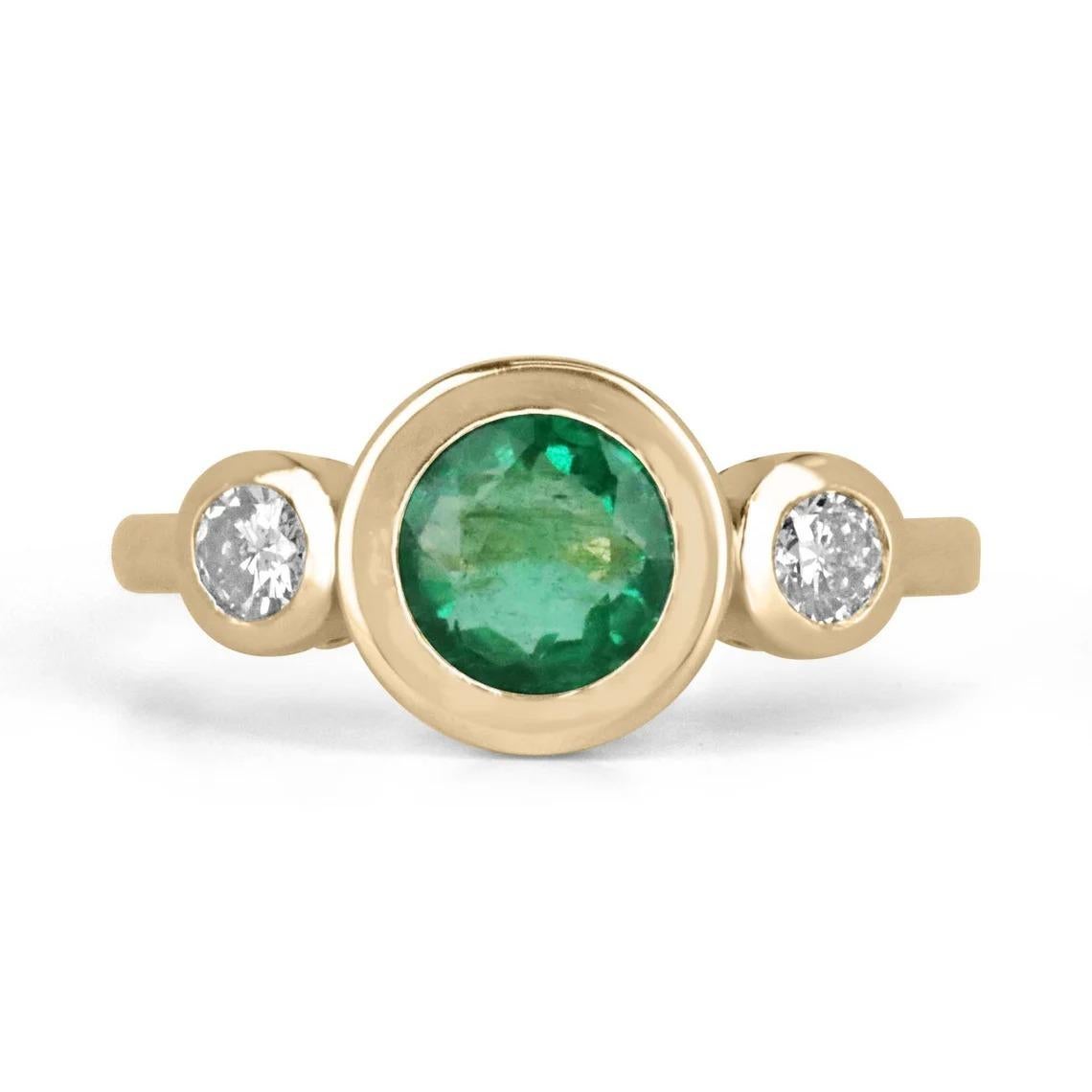 1.75tcw 14K Spring Green Round Emerald & Diamond Three Stone Bezel Gold Ring For Sale