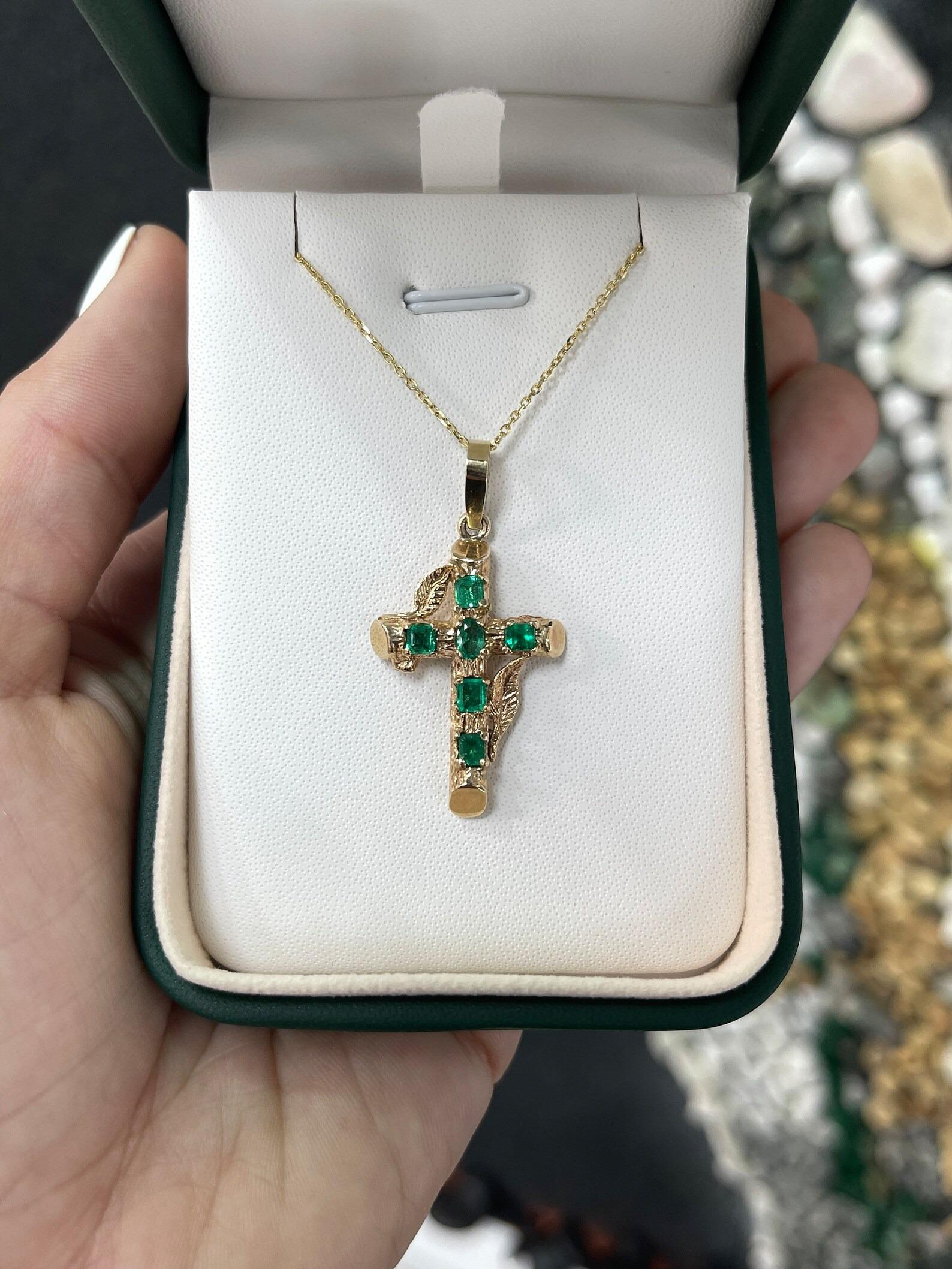 1.75tcw Dark Vivid Green Natural Emerald Cross Medium Size Unisex Pendant 14K In New Condition For Sale In Jupiter, FL