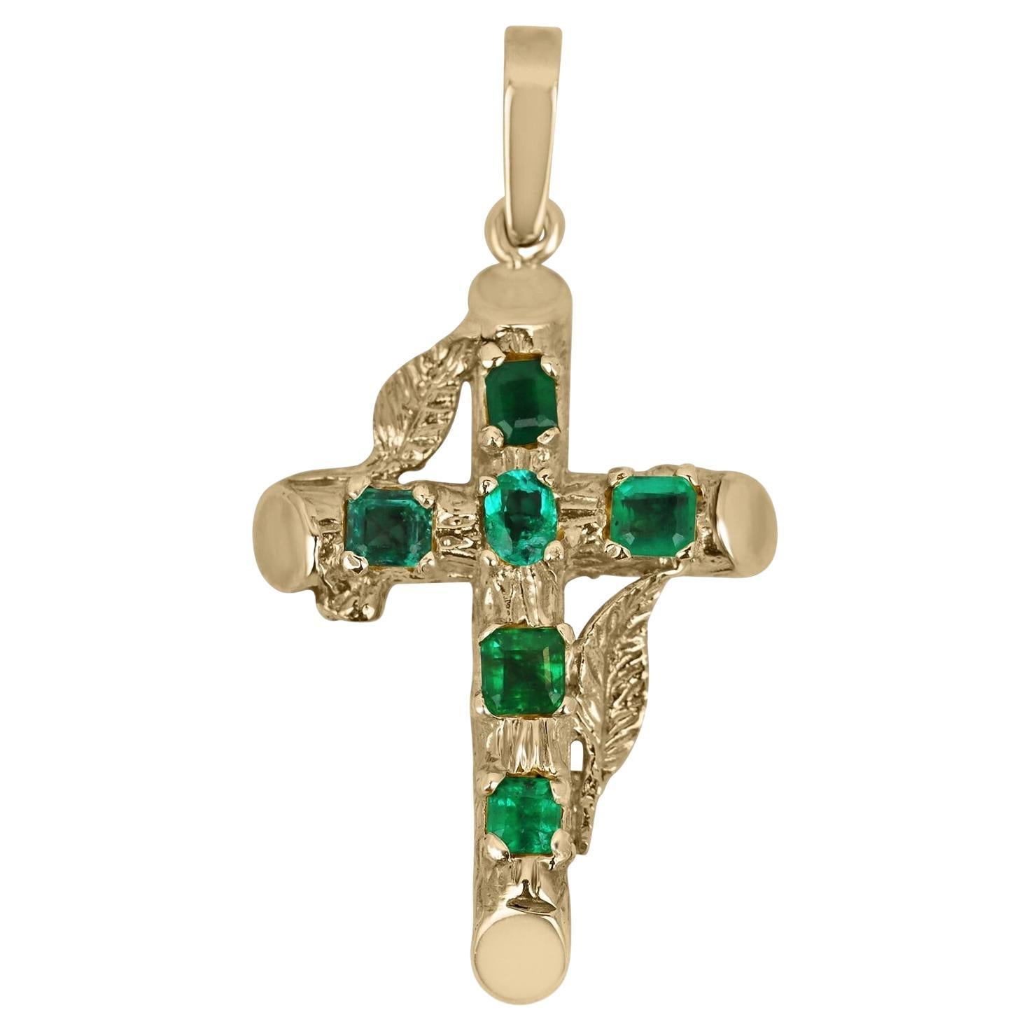 1.75tcw Dark Vivid Green Natural Emerald Cross Medium Size Unisex Pendant 14K