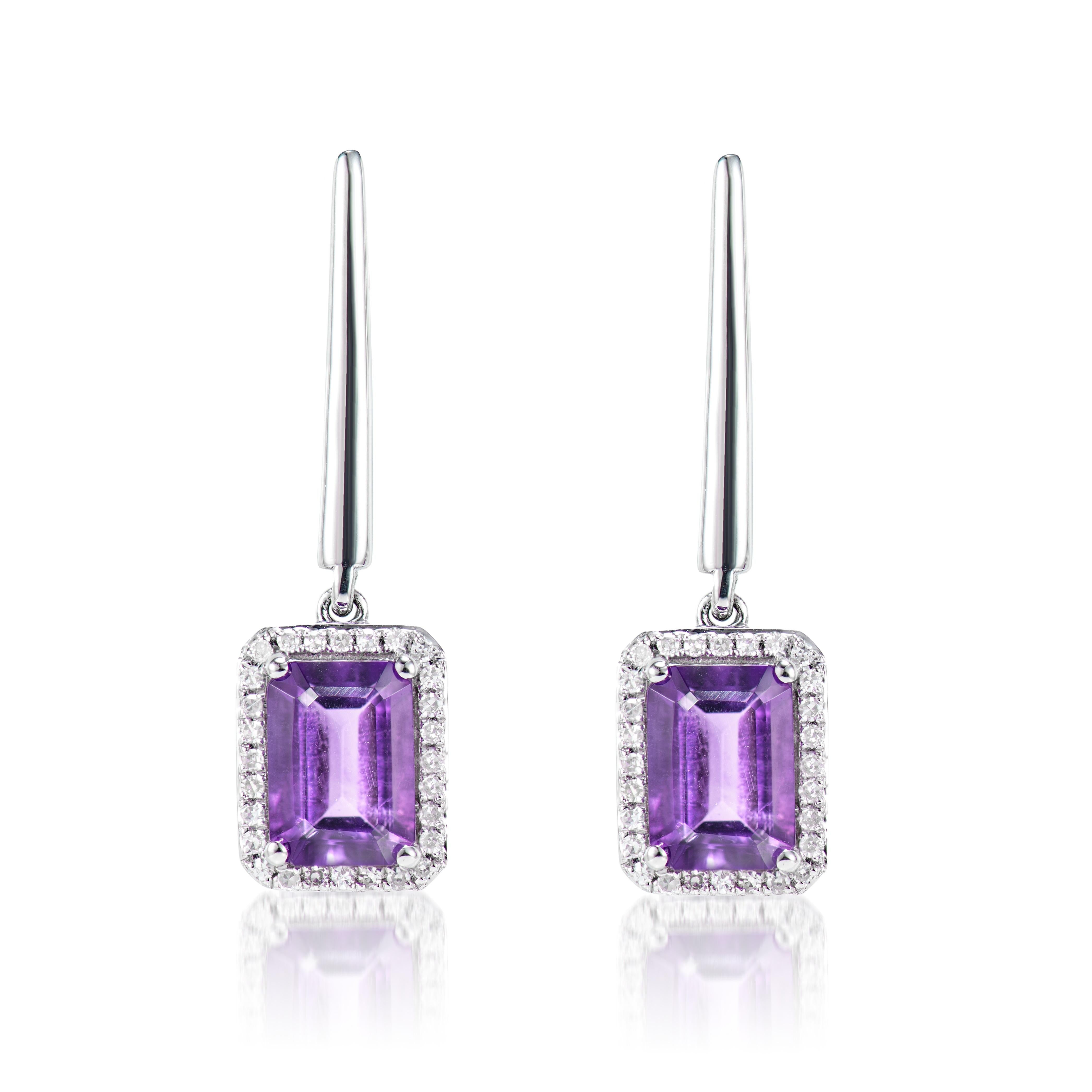 Contemporary 1.76 Carat Amethyst Drop Earrings in 18Karat White Gold with White Diamond. For Sale