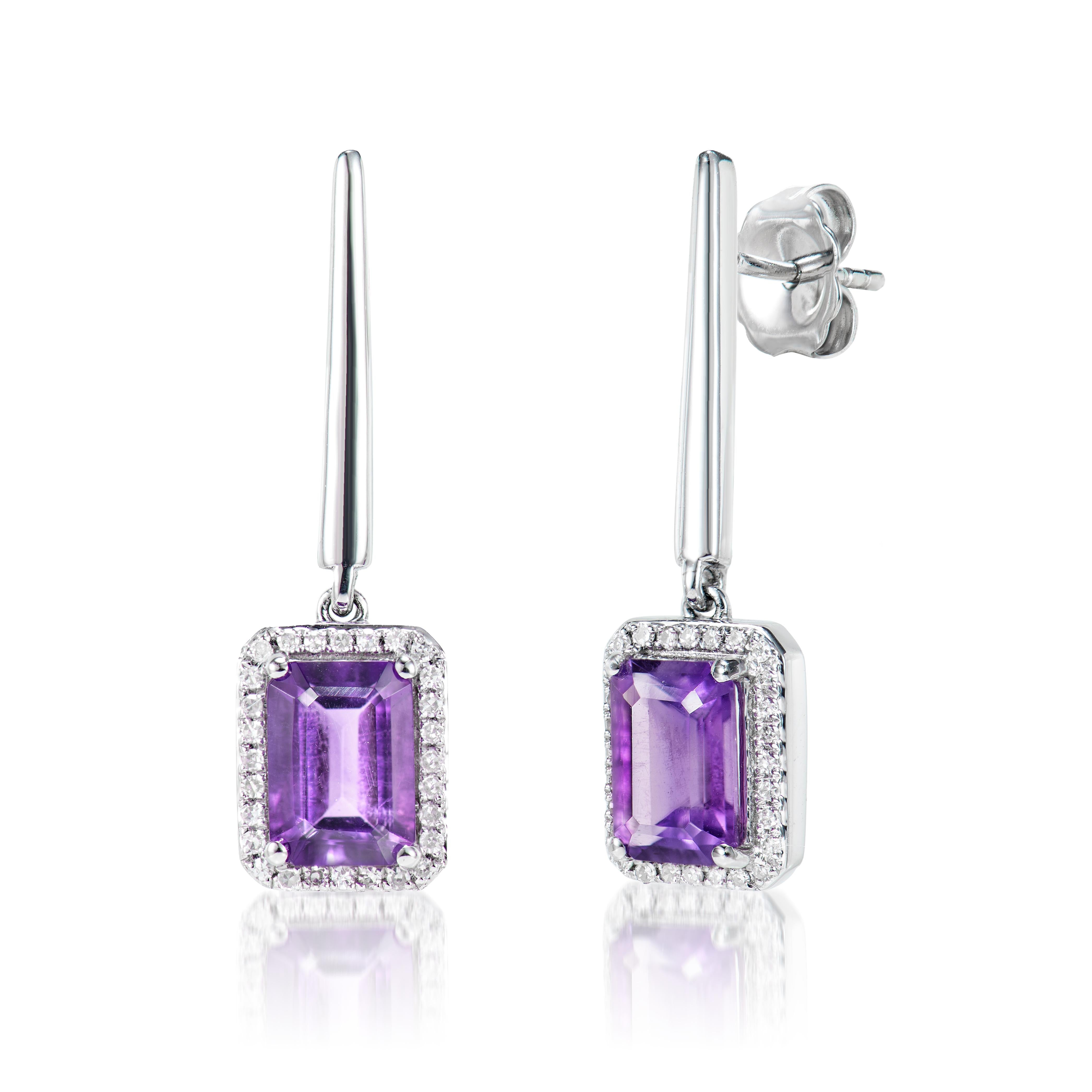 Octagon Cut 1.76 Carat Amethyst Drop Earrings in 18Karat White Gold with White Diamond. For Sale