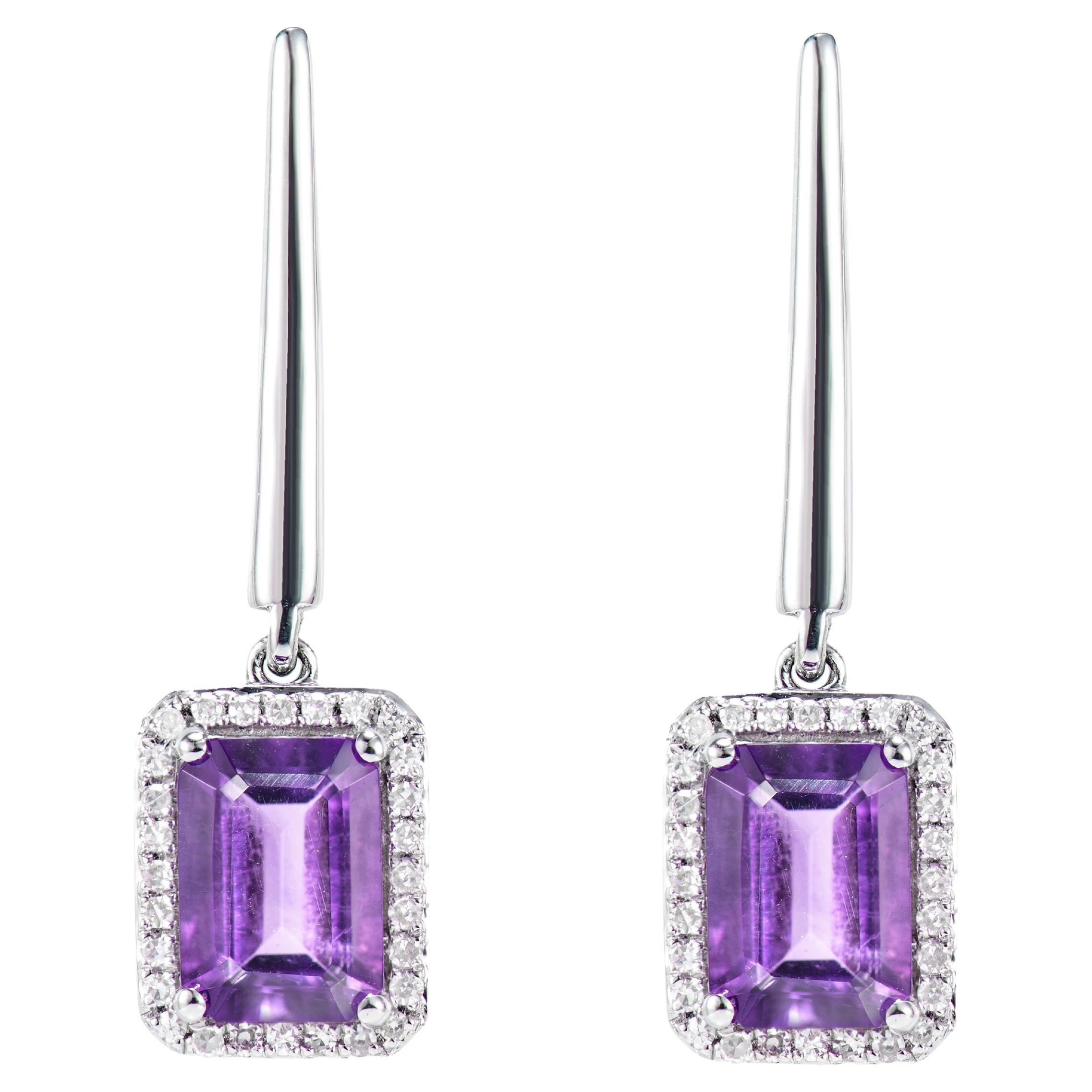 1.76 Carat Amethyst Drop Earrings in 18Karat White Gold with White Diamond. For Sale