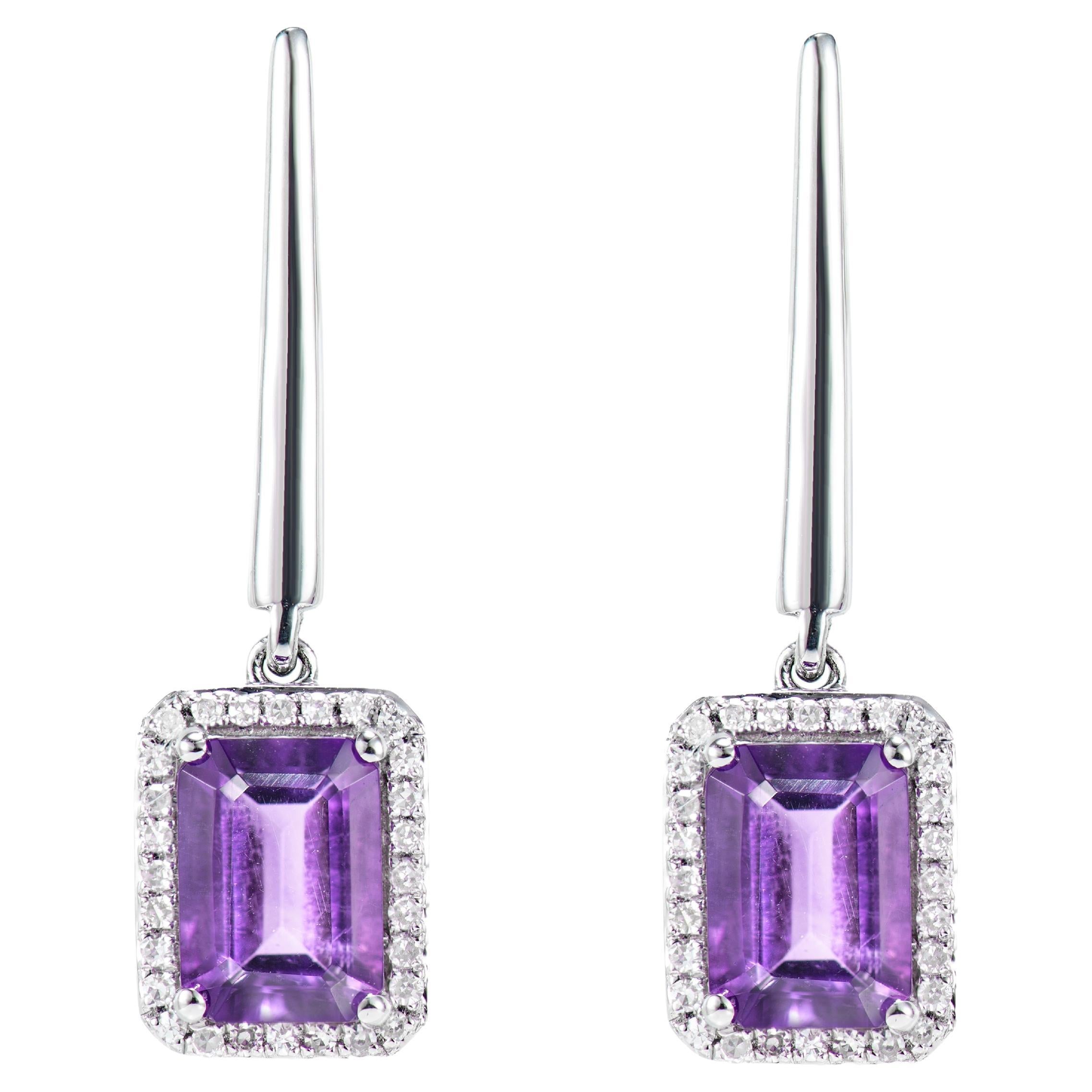 1.76 Karat Amethyst-Tropfen-Ohrringe aus 18 Karat Weißgold mit weißem Diamanten.