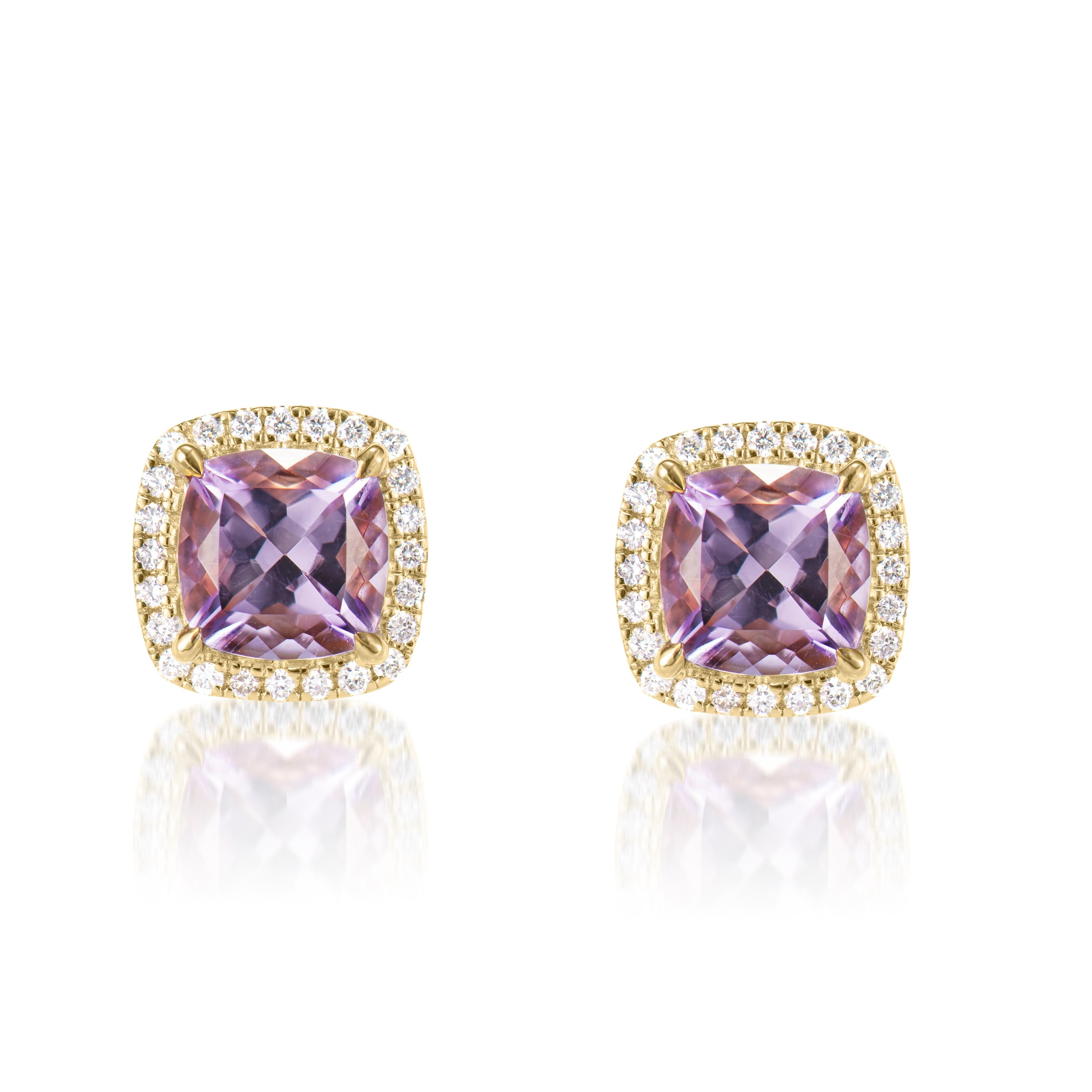 Contemporary 1.76 Carat Amethyst Stud Earrings in 18Karat Yellow Gold with White Diamond. For Sale