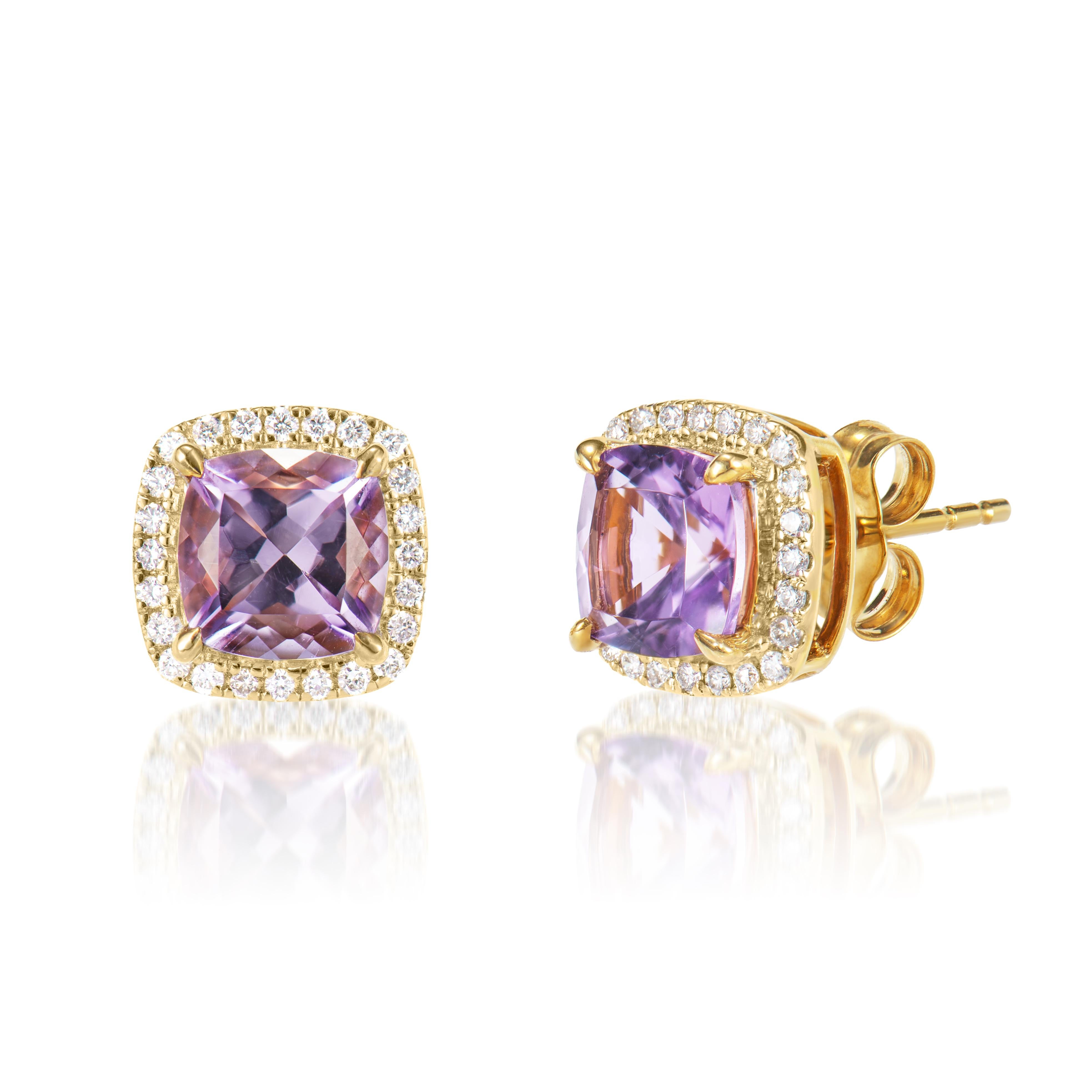 Cushion Cut 1.76 Carat Amethyst Stud Earrings in 18Karat Yellow Gold with White Diamond. For Sale