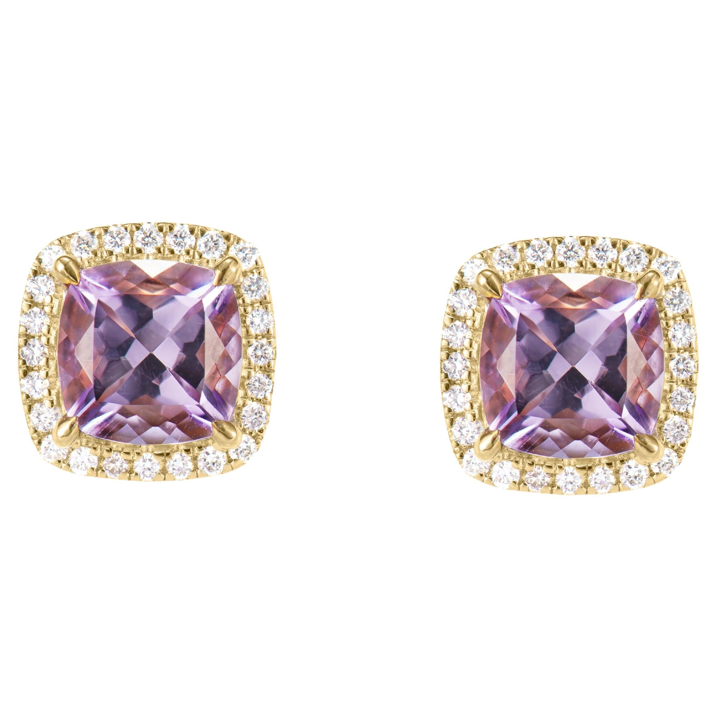 1.76 Carat Amethyst Stud Earrings in 18Karat Yellow Gold with White Diamond. For Sale