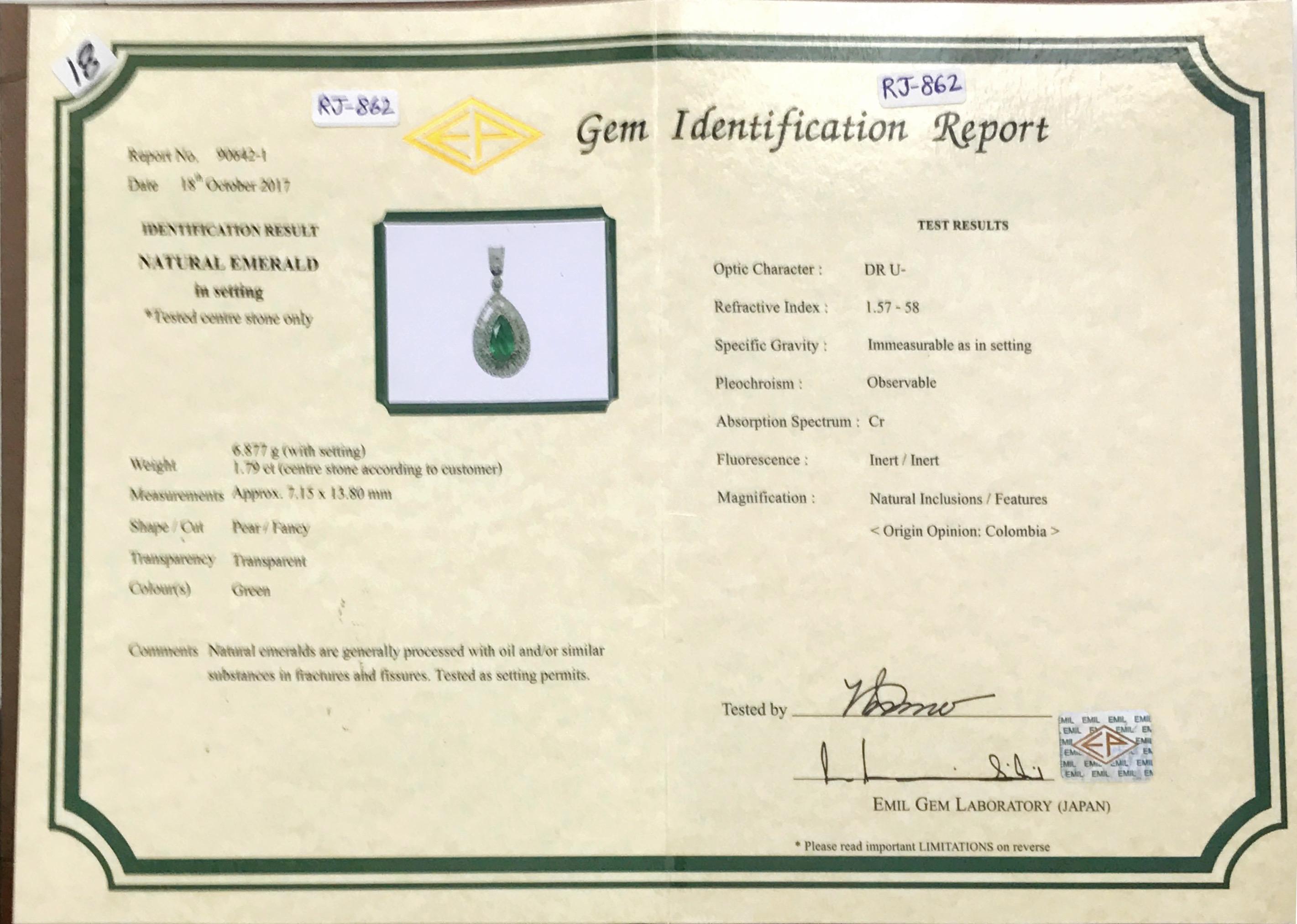 1.76 Carat Colombian Emerald and Diamond Pendant in 18 Karat Gold 1