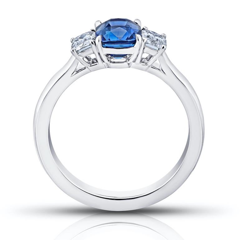 Contemporary 1.76 Carat Cushion Blue Sapphire and Diamond Platinum Ring