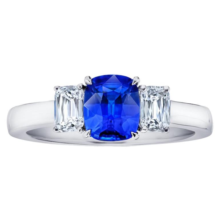 1.76 Carat Cushion Blue Sapphire and Diamond Platinum Ring