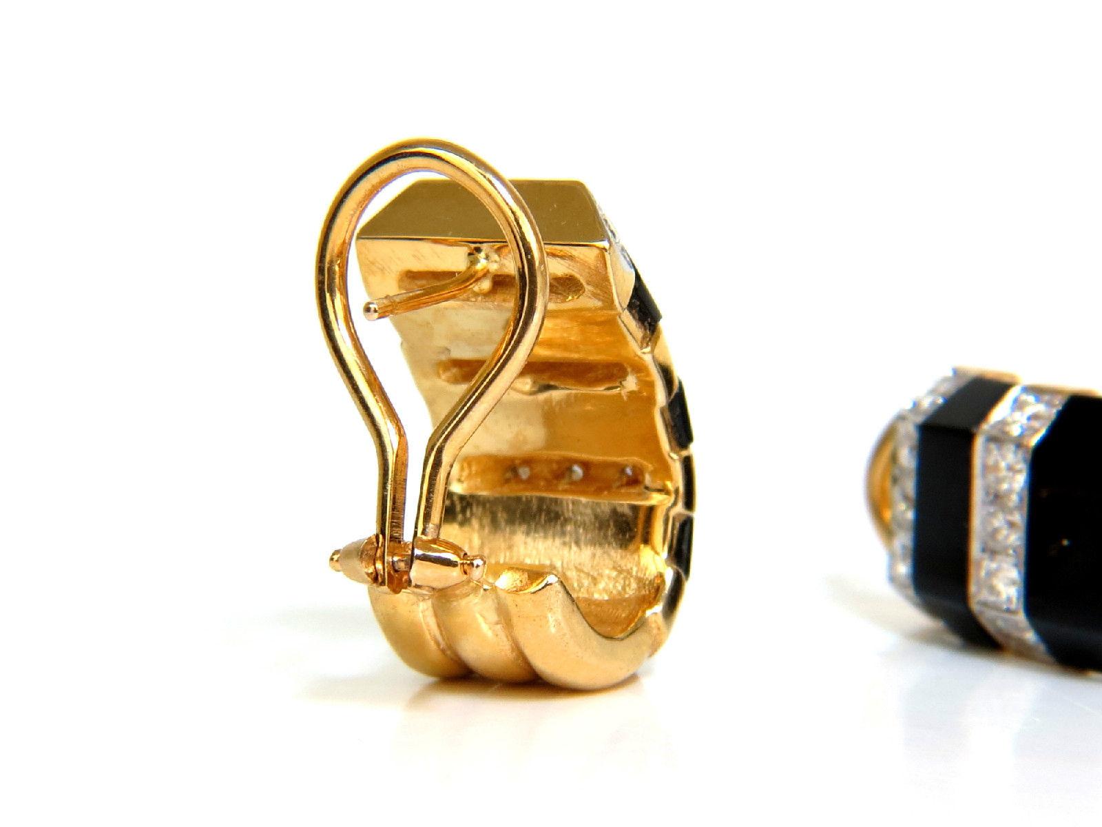 Women's or Men's 1.76 Carat Diamonds Carved Jet Black Onyx Clip Huggie Earrings 14 Karat G/VS