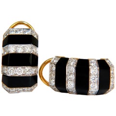 1.76 Carat Diamonds Carved Jet Black Onyx Clip Huggie Earrings 14 Karat G/VS