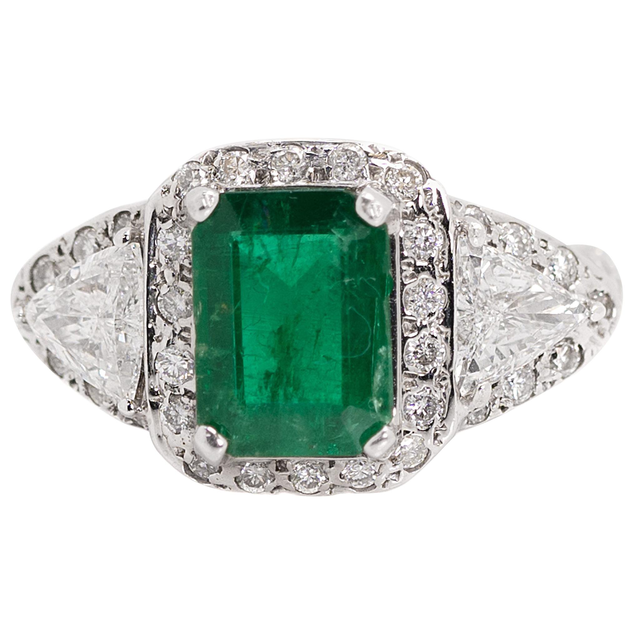 1.76 Carat Emerald and 1.40 Carat Diamond, 18 Karat White Gold Ring