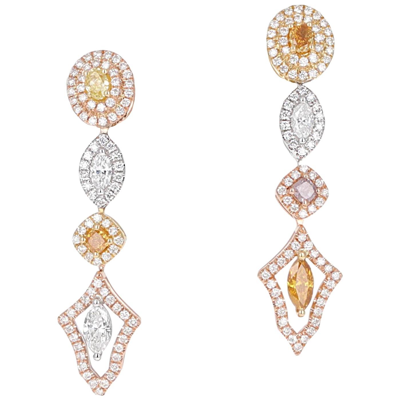 1.76 Carat, Fancy Colored Diamond and Fancy Shape Dangle Earrings