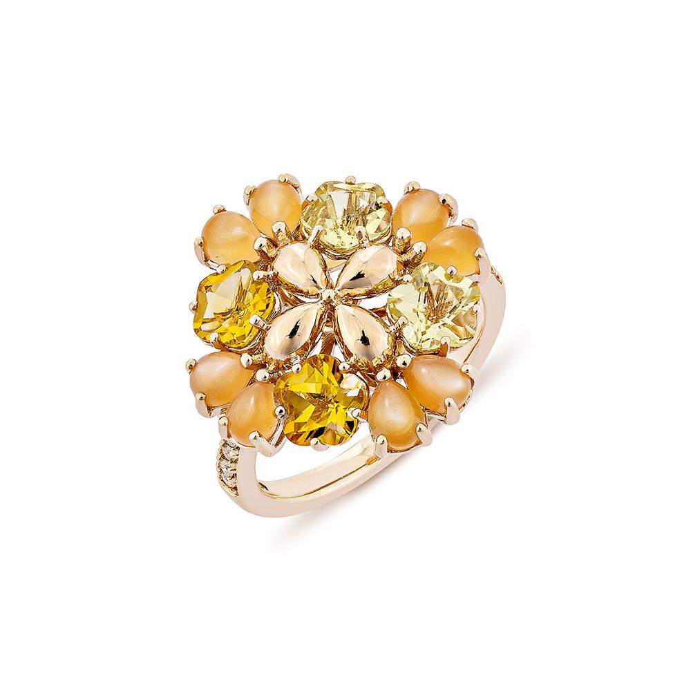 Contemporary 1.76 Carat Lemon Quartz Fancy Ring in 18KRG with Multi Gemstone and Diamond.   For Sale