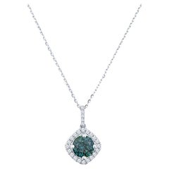 Collana con ciondolo di diamanti e zaffiro tondo naturale da 1,76 carati, di colore blu-verde, del Montana.