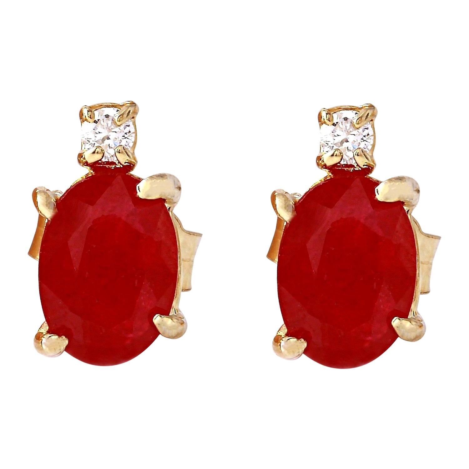 1.76 Carat Natural Ruby 14 Karat Solid Yellow Gold Diamond Stud Earrings For Sale
