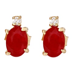 1.76 Carat Natural Ruby 14 Karat Solid Yellow Gold Diamond Stud Earrings