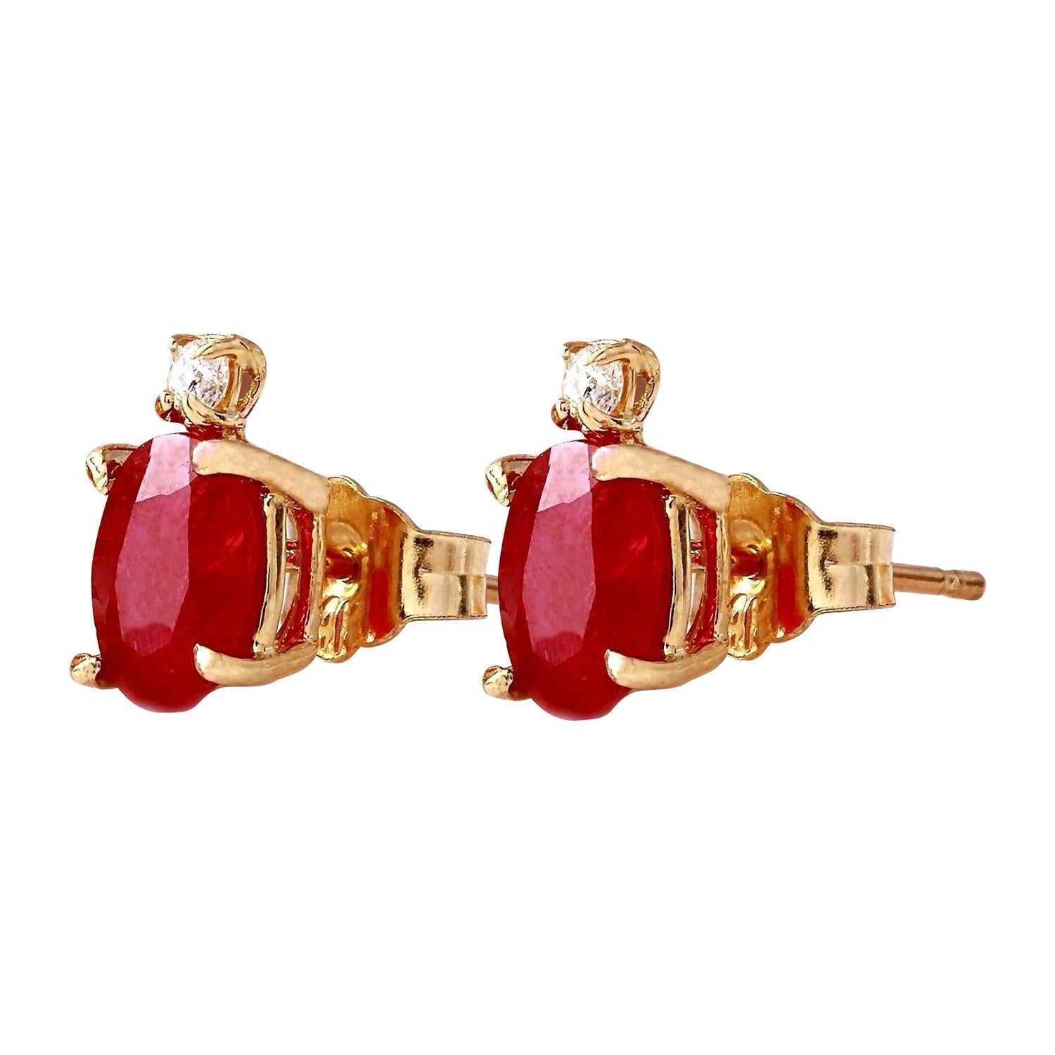 1.76 Carat Natural Ruby 14K Solid Yellow Gold Diamond Stud Earrings
 Item Type: Earrings
 Item Style: Stud
 Item Length: 9.55 mm
 Item Width: 5.17 mm
 Material: 14K Yellow Gold
 Mainstone: Ruby
 Stone Color: Red
 Stone Weight: 1.70 Carat
 Stone