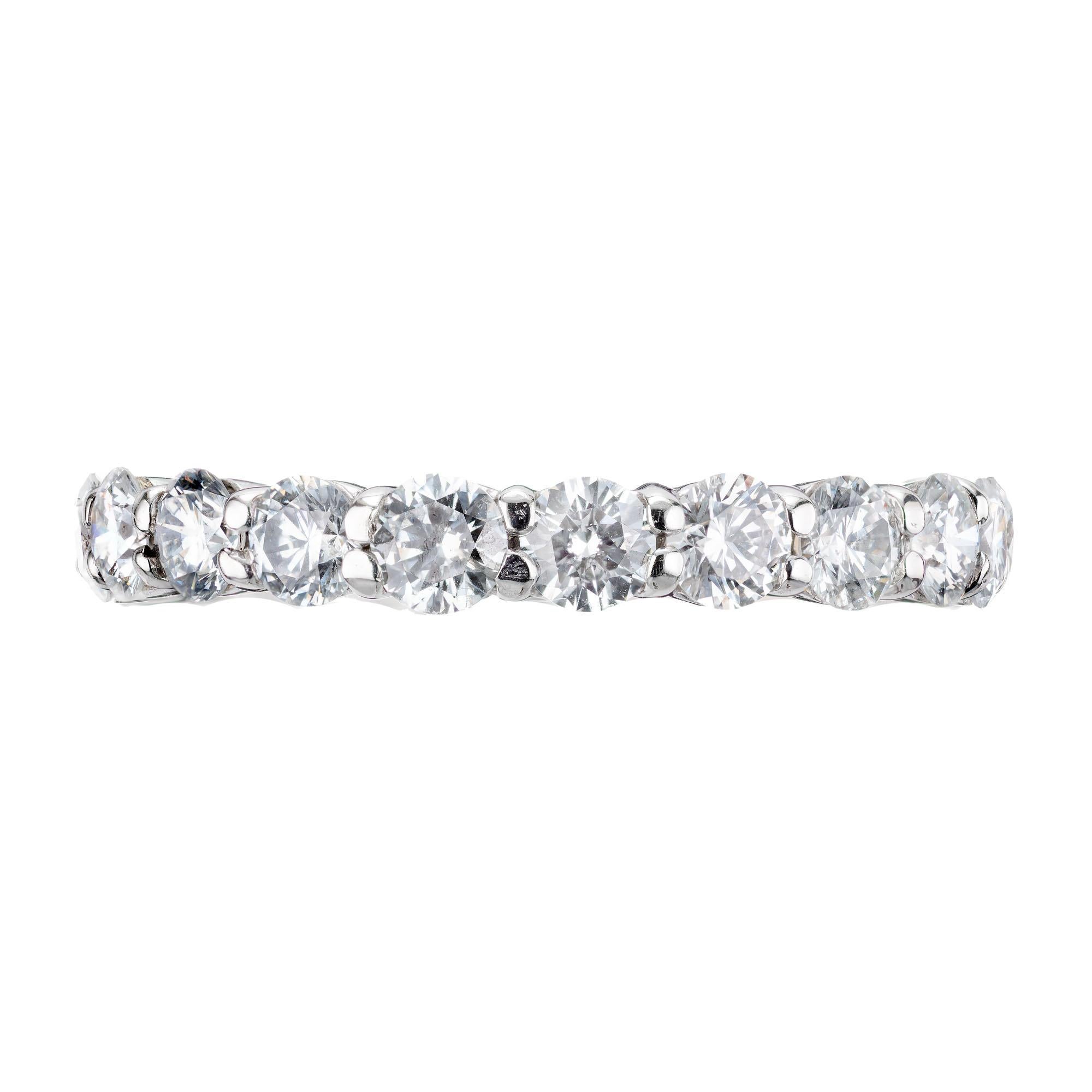 1.76 carat round diamonds in an eternity platinum common prong wedding band setting.  

20 round brilliant cut diamonds H-I VS2, approx. 1.76cts
Size 5.5 and sizable 
Platinum 
Stamped: PLAT
3.1 grams
Width at top: 2.95mm
Hight at top: 2.1mm
Width