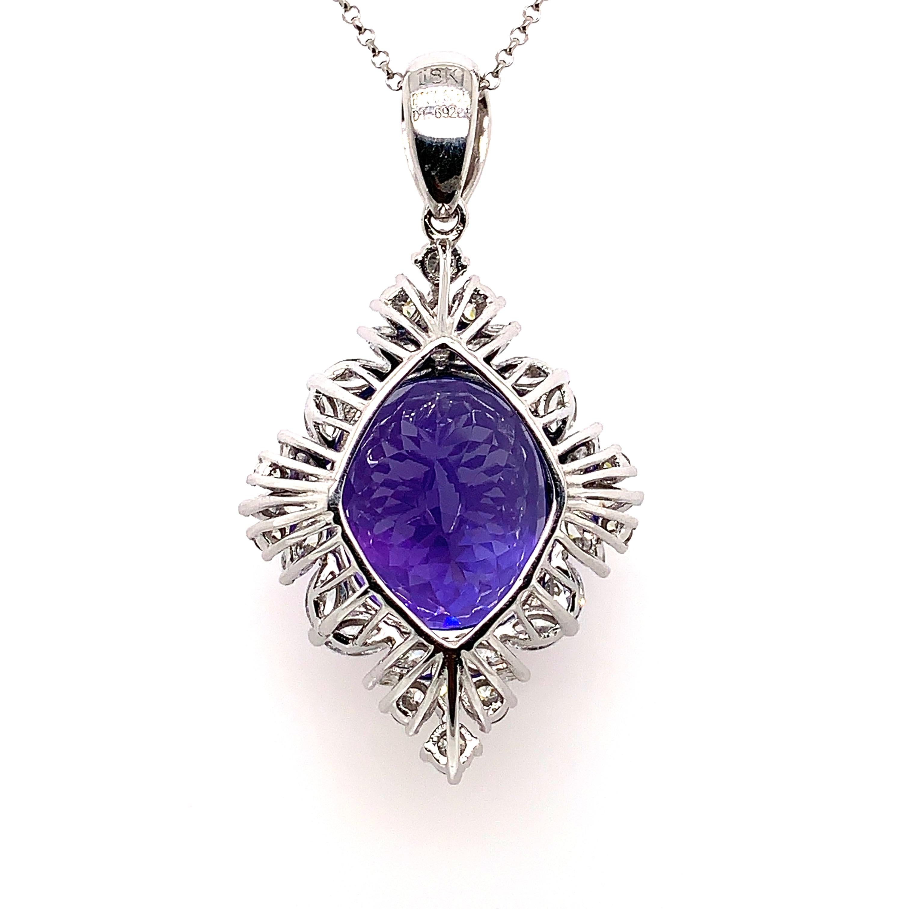 Oval Cut 17.6 Carat Tanzanite and White Diamond Pendant in 18 Karat White Gold For Sale