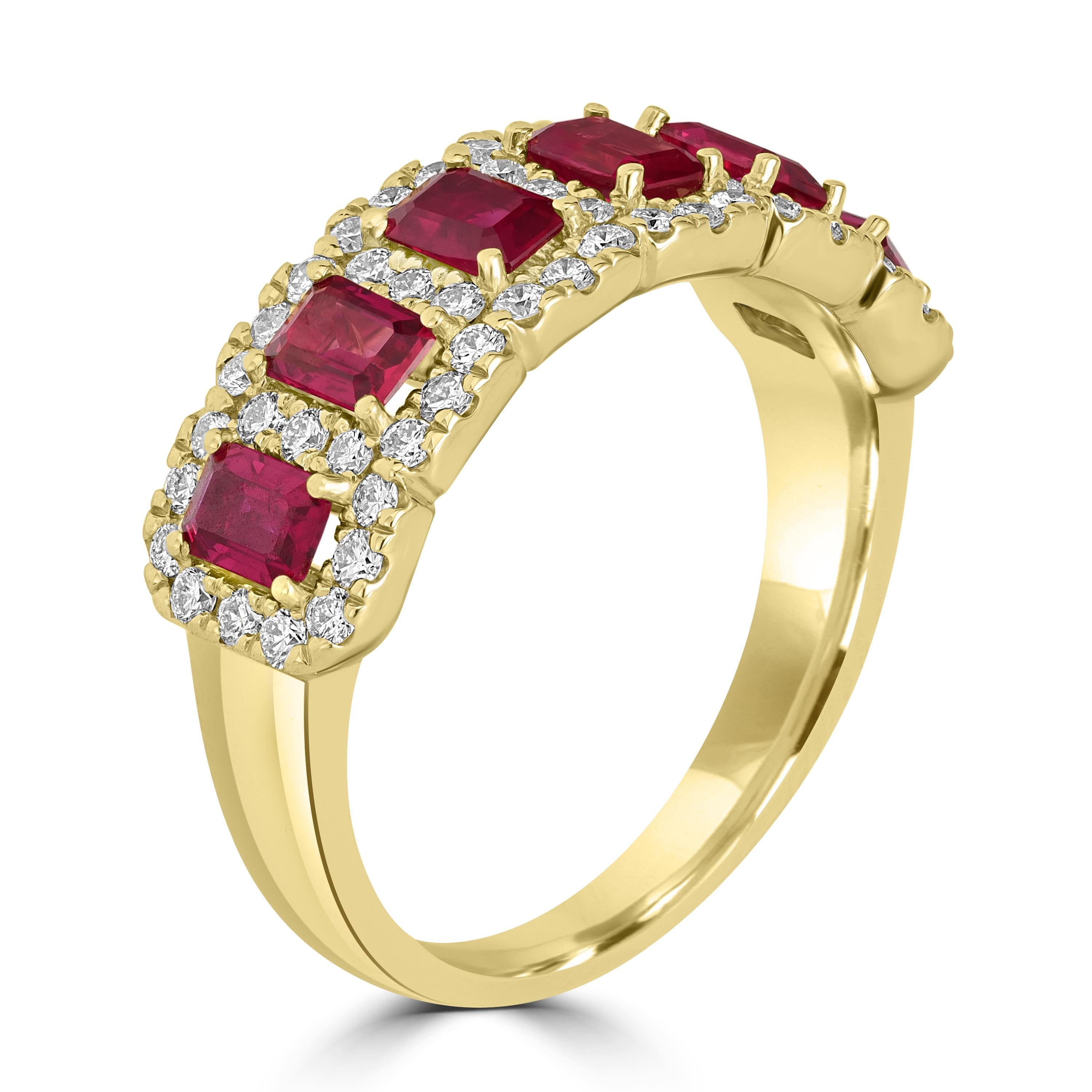 Elevate your style with our exquisite 1.76 Carat Emerald Cut Ruby Half Eternity Ring Band, delicately adorned with diamonds, set in radiant 18k yellow gold.

Crafted to captivate, this stunning ring features a row of sumptuous emerald-cut rubies,