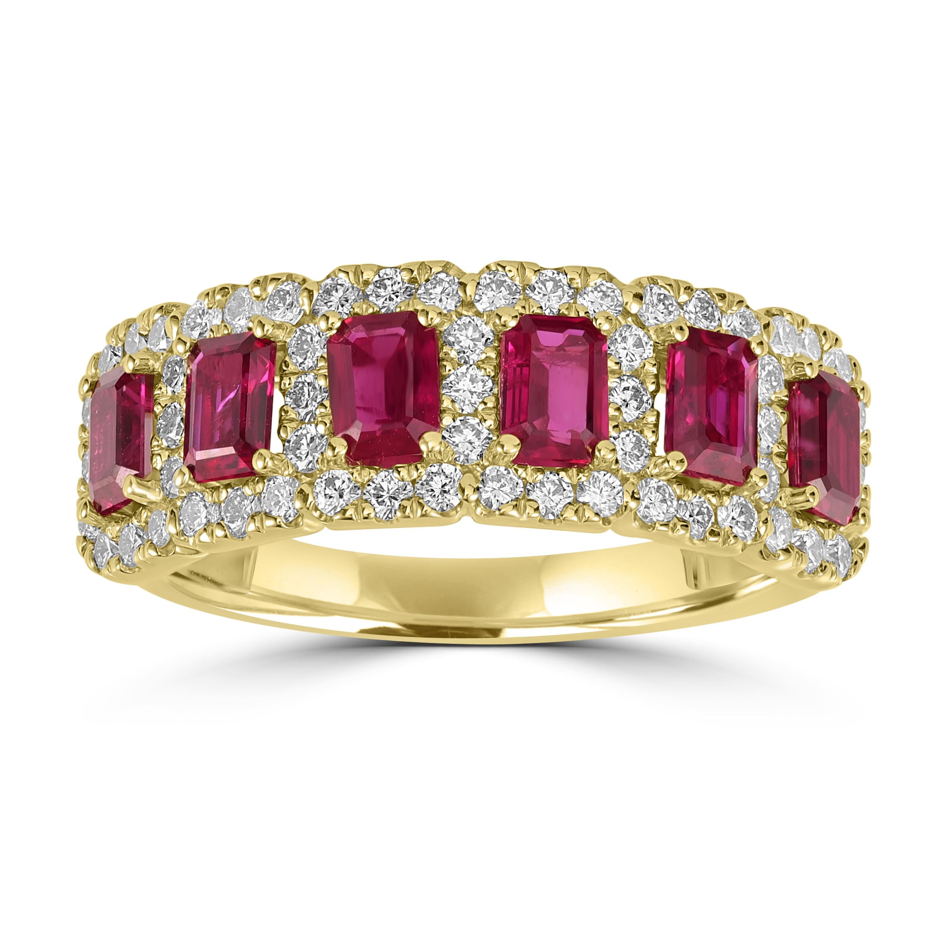 1.76 Carats Ruby Emerald cut Half Eternity Ring Band with Diamonds For Sale