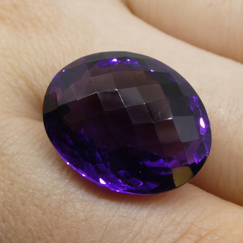 Description:

Gem Type: Amethyst
Number of Stones: 1
Weight: 17.6 cts
Measurements: 19.80x15.30x10.35 mm
Shape: Oval Checkerboard
Cutting Style Crown: Checkerboard
Cutting Style Pavilion: Modified Brilliant
Transparency: Transparent
Clarity: Very
