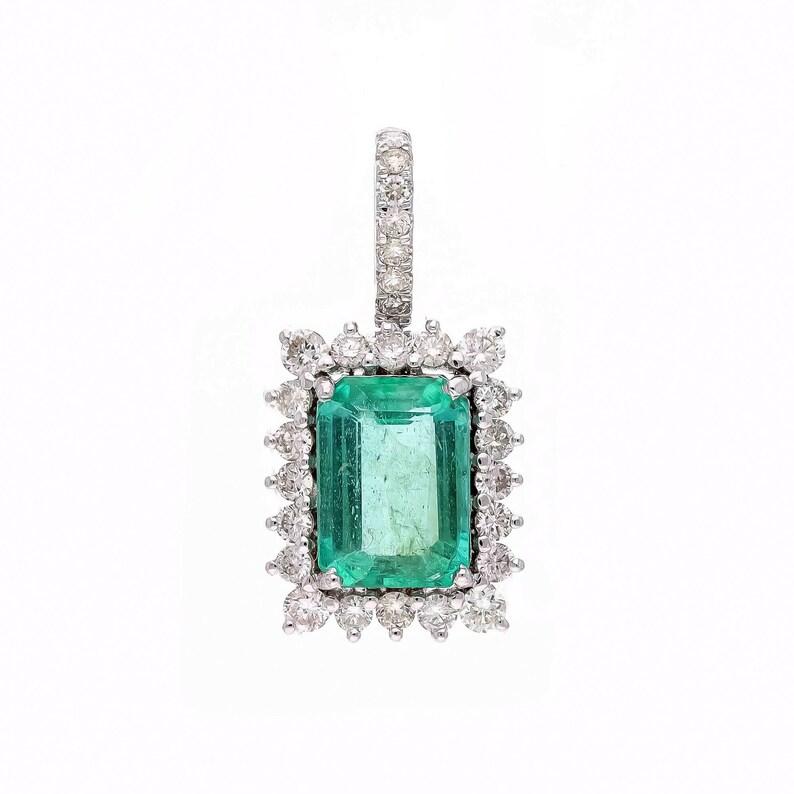 Contemporary 1.76 Cts. Natural Emerald Diamond Halo Pendant  18k White Gold Natural Diamond