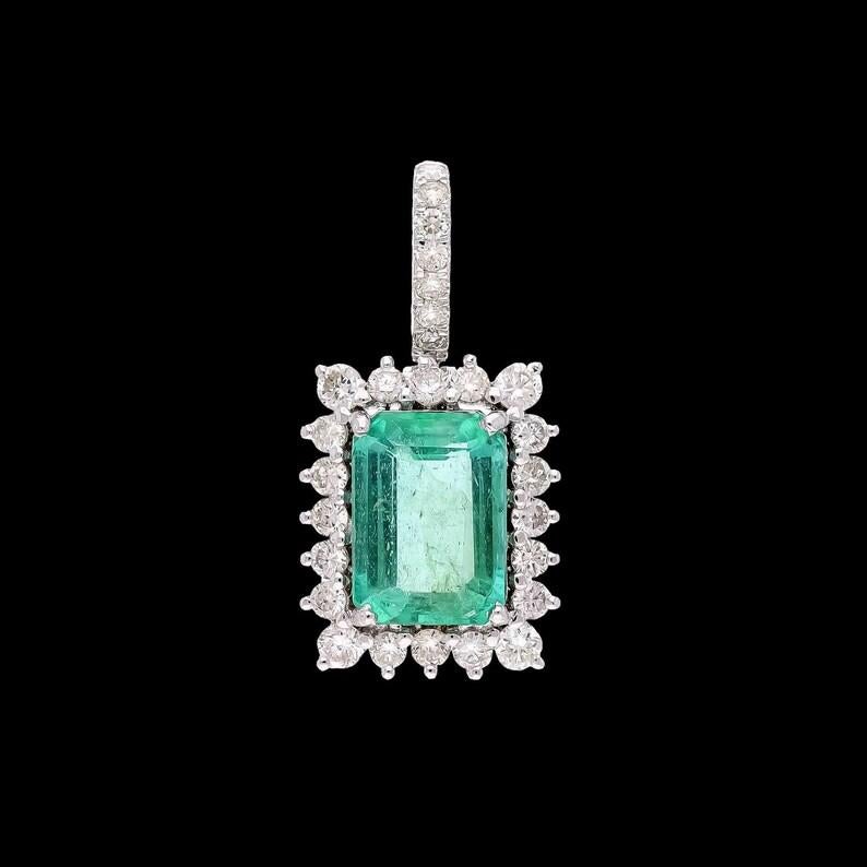 1.76 Cts. Natural Emerald Diamond Halo Pendant  18k White Gold Natural Diamond 1
