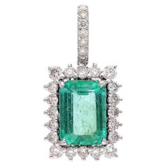 1.76 Cts. Natural Emerald Diamond Halo Pendant  18k White Gold Natural Diamond