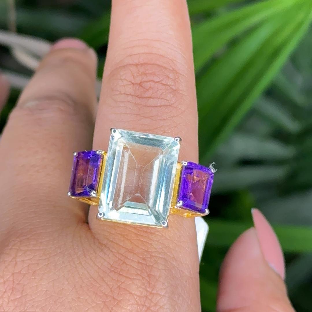 En venta: Anillo de tres piedras con amatista verde de 17,6 quilates en plata de ley Regalo para mujer  2