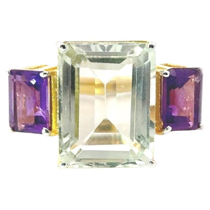 En venta: Anillo de tres piedras con amatista verde de 17,6 quilates en plata de ley Regalo para mujer
