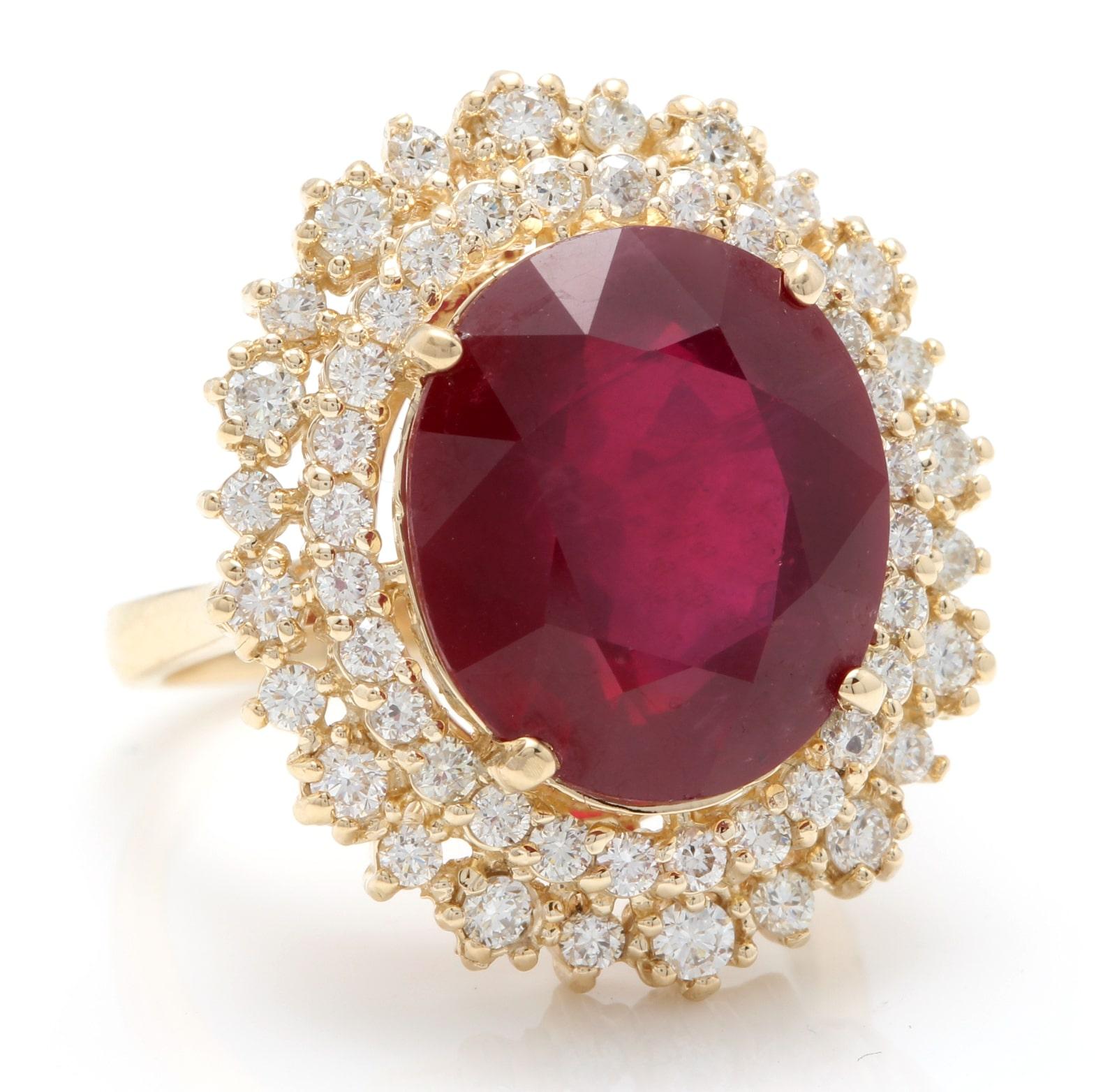17.60 Carats Impressive Red Ruby and Diamond 14K Yellow Gold Ring

Total Red Ruby Weight is: 16.00 Carats (glass-filled)

Ruby Measures: 14.50 x 12.70mm

Natural Round Diamonds Weight: 1.60 Carats (color G-H / Clarity SI1-SI2)

Ring size: 7 (we
