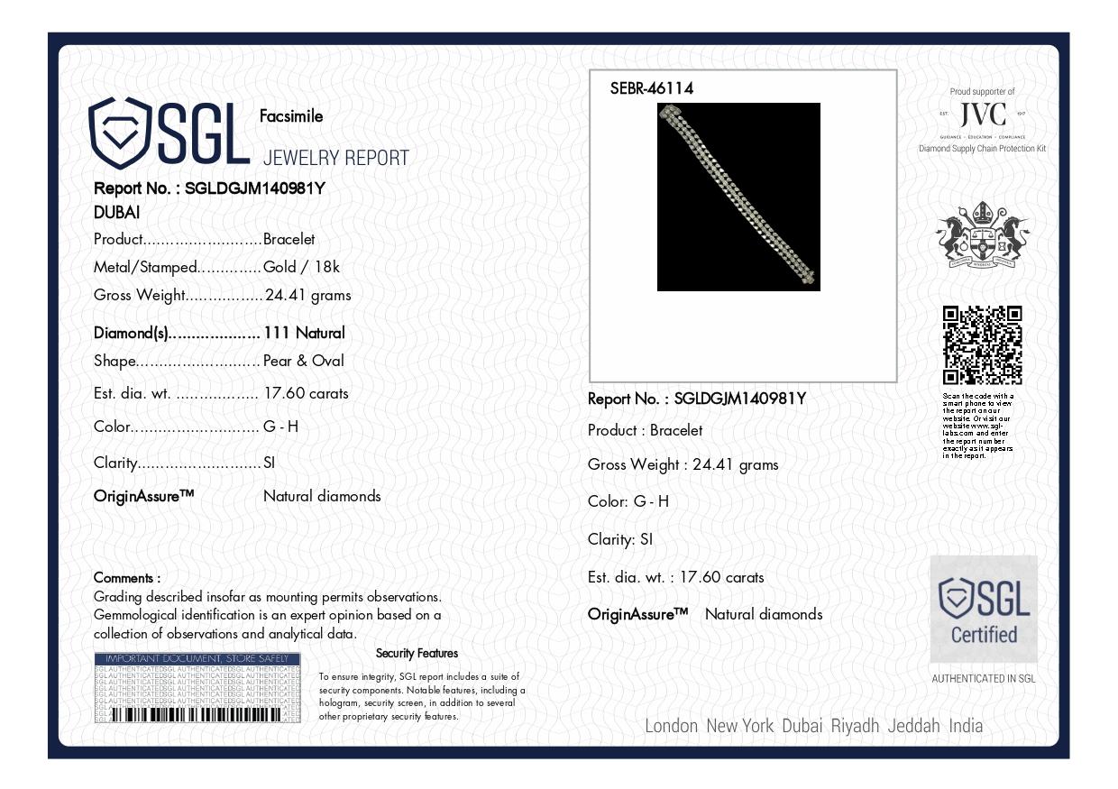 17.60 Carat SI/H Pear Oval Brilliant Cut Diamond Bracelet 14 Karat White Gold Pour femmes en vente