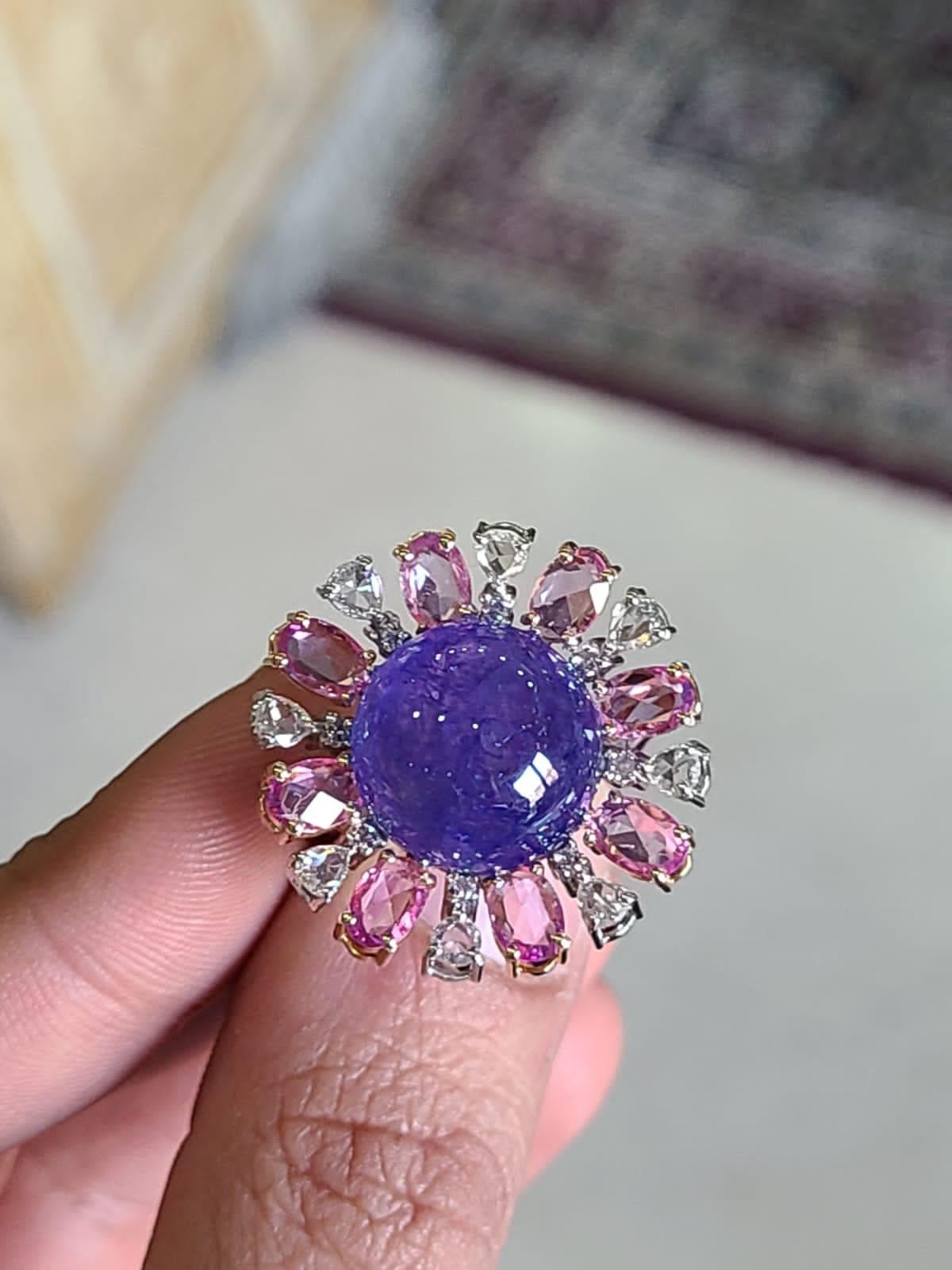 17.60 Carats, Tanzanite Cabochon, Pink Sapphire & Diamonds Cocktail / Dome Ring In New Condition In Hong Kong, HK