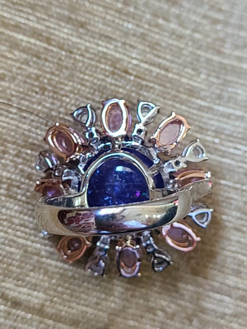 Women's or Men's 17.60 Carats, Tanzanite Cabochon, Pink Sapphire & Diamonds Cocktail / Dome Ring