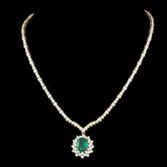 17.60ct Natural Emerald & Diamond 18K Solid Yellow Gold Necklace