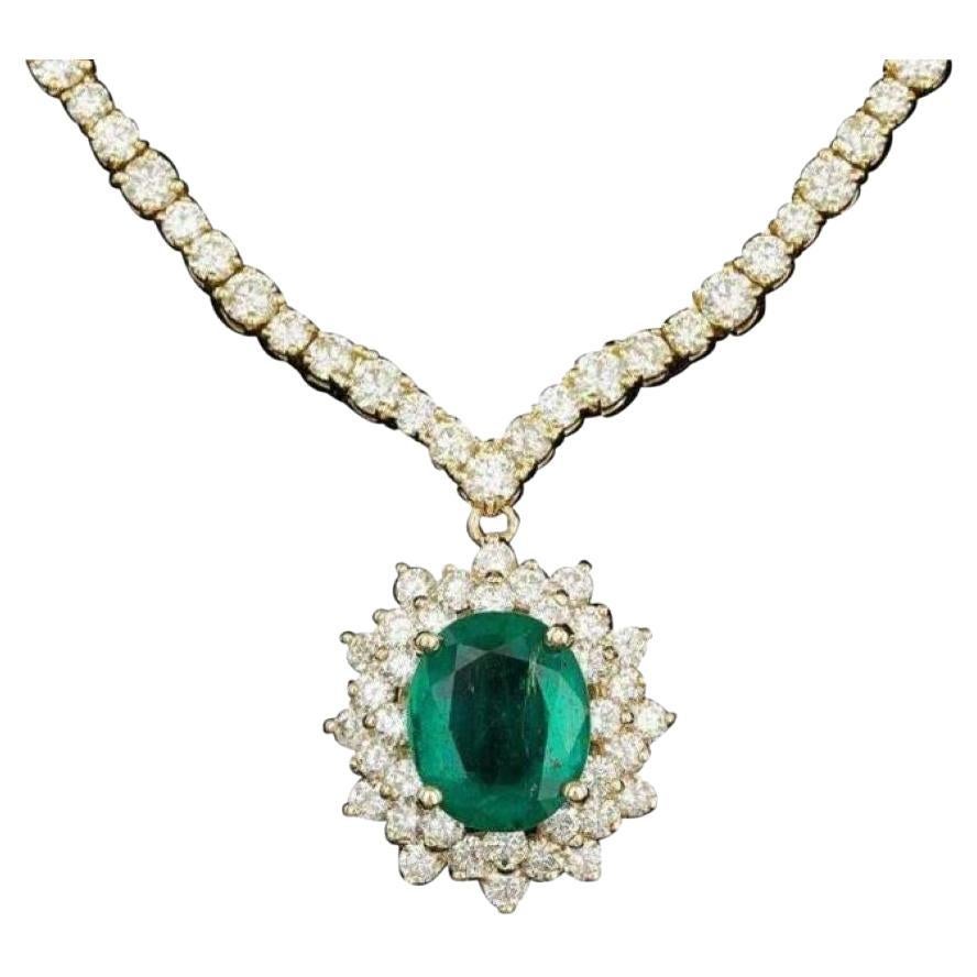 17.60ct Natural Emerald & Diamond 18K Solid Yellow Gold Necklace For Sale