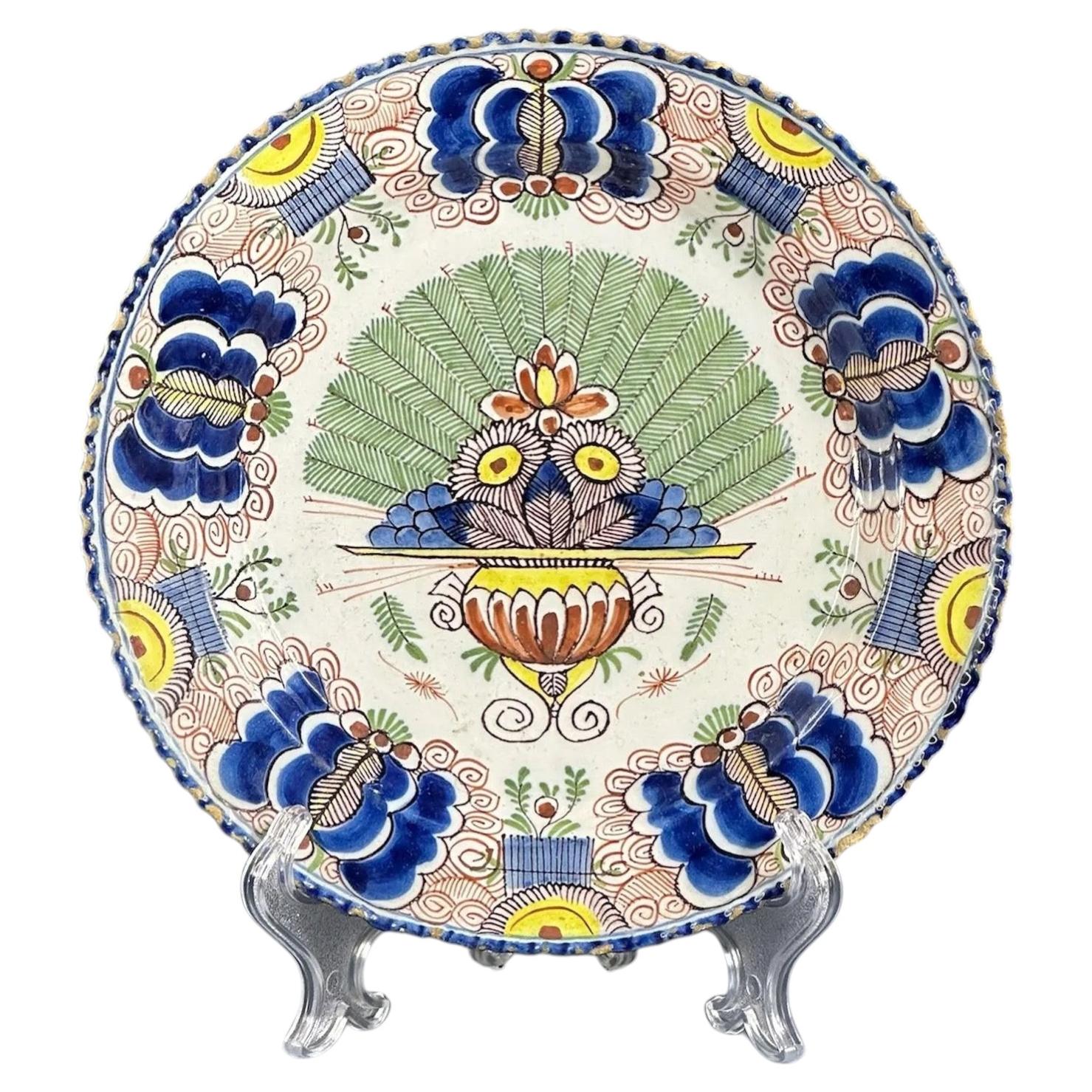 1760s Dutch Delft Polychrome Peacock Pattern Charger by De Klaauw - 9 In For Sale