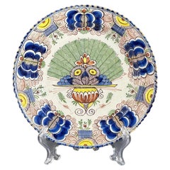 1760s Dutch Delft Polychrome Peacock Pattern Charger by De Klaauw - 9 In