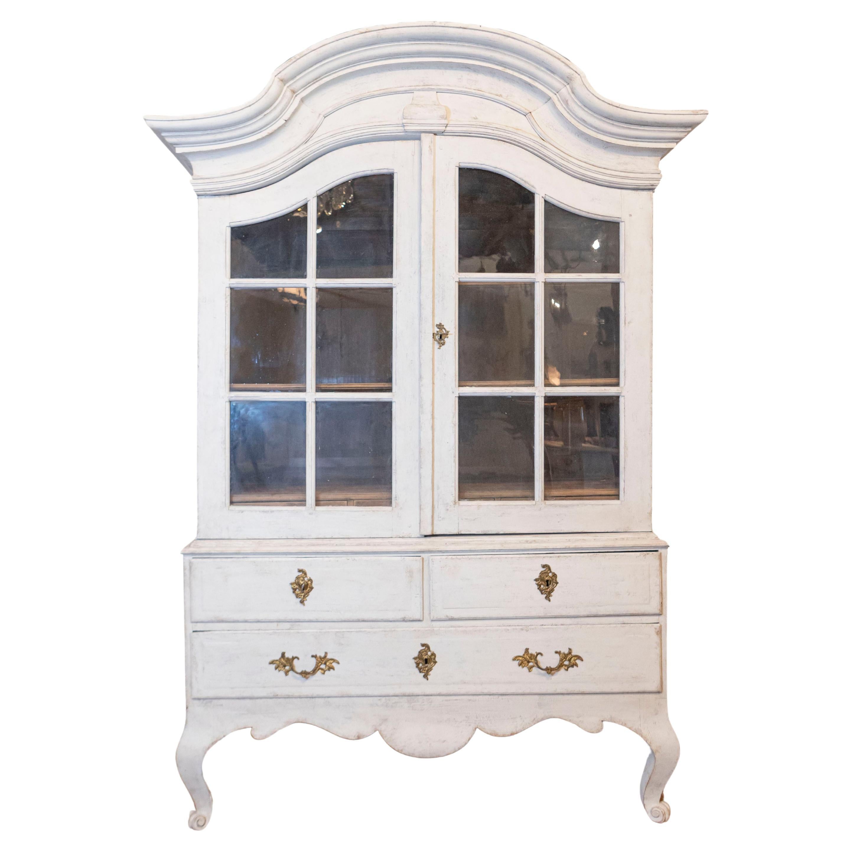 1760s Period Rococo Swedish Cabinet with Glass Doors, Bonnet Top and Cabrioles