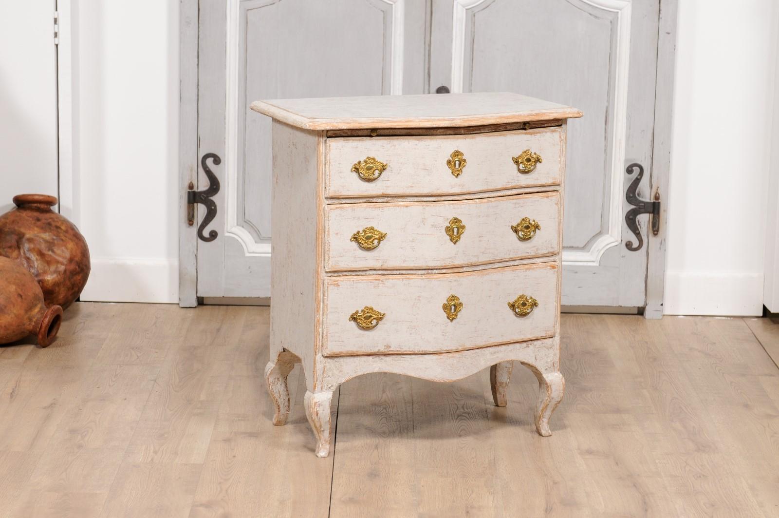Carved 1760s Rococo Period Swedish Light Grey Painted Chest of Drawers with Pull-Out For Sale