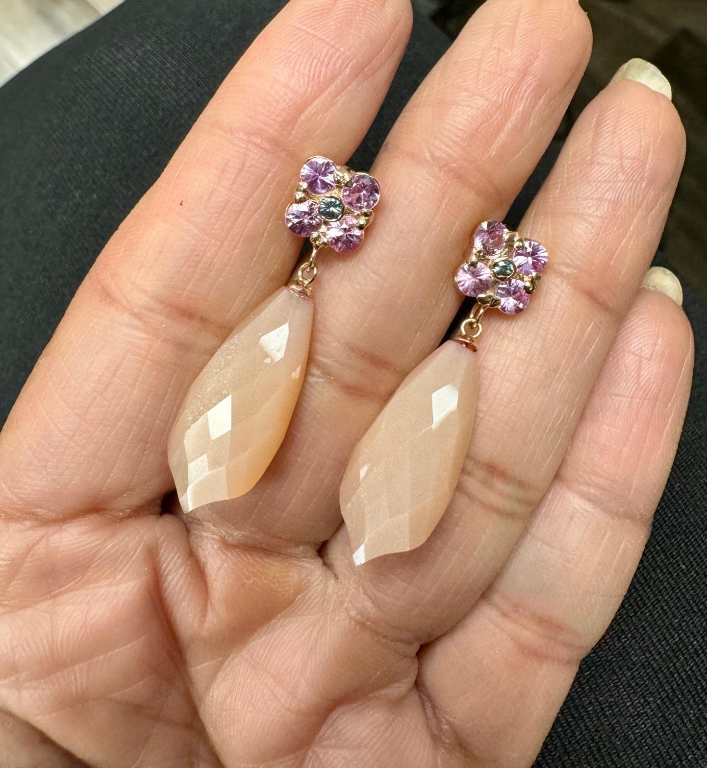 17.61 Carat Peach Moonstone Sapphire Rose Gold Drop Earrings For Sale 1