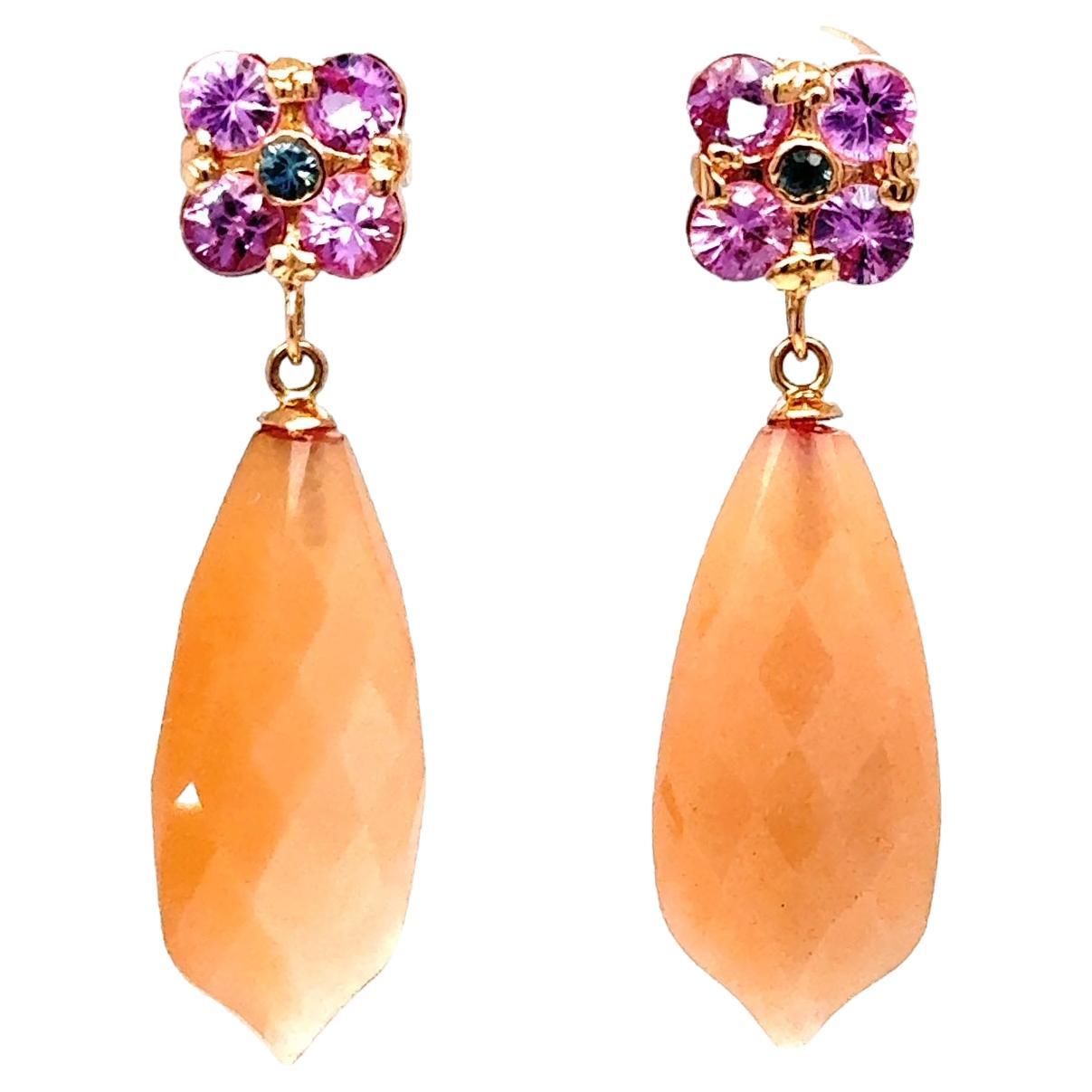 17.61 Carat Peach Moonstone Sapphire Rose Gold Drop Earrings For Sale