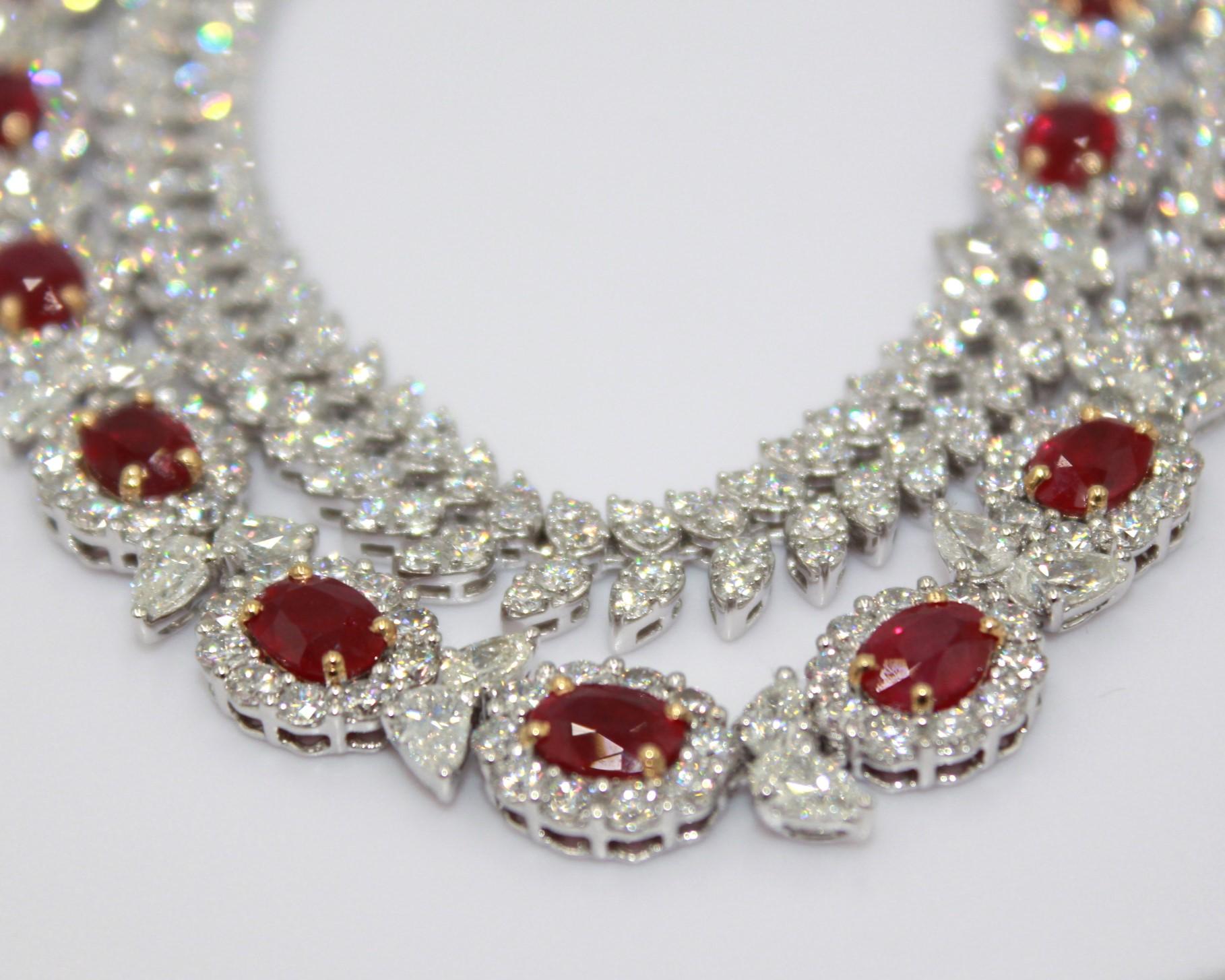 Oval Cut 17.61 Carat Burma Ruby & Diamond Necklace For Sale
