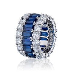 17.62 Carat Emerald Cut Sapphire and Diamond Wide Eternity Band Ring