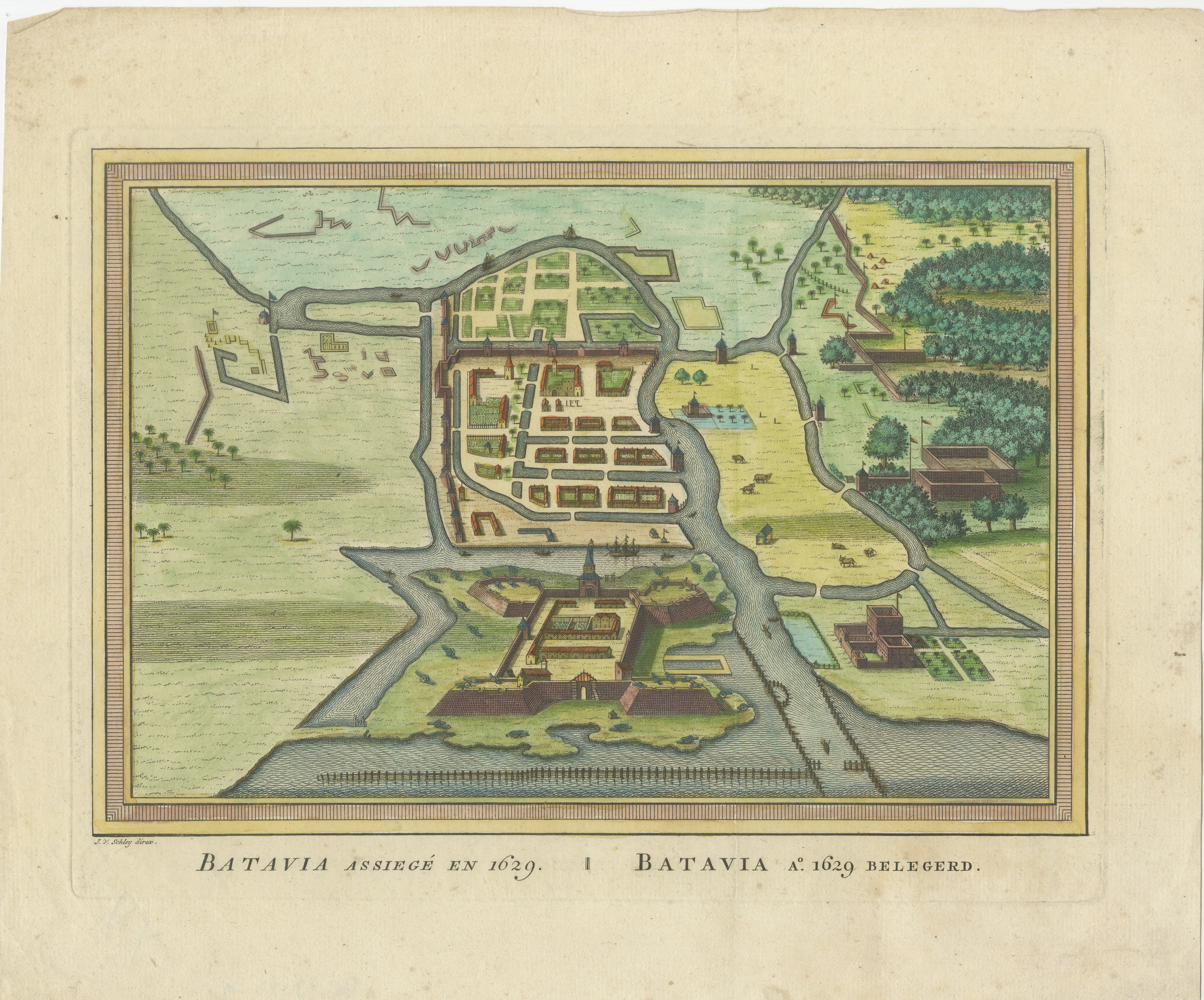 This is a bird's-eye view plan of Batavia, the historical name for Jakarta, Indonesia, dating back to 1763. 

The map was crafted by J van der Schley / P de Hondt and is a fine example of cartographic detail and artistry from the 18th century. It
