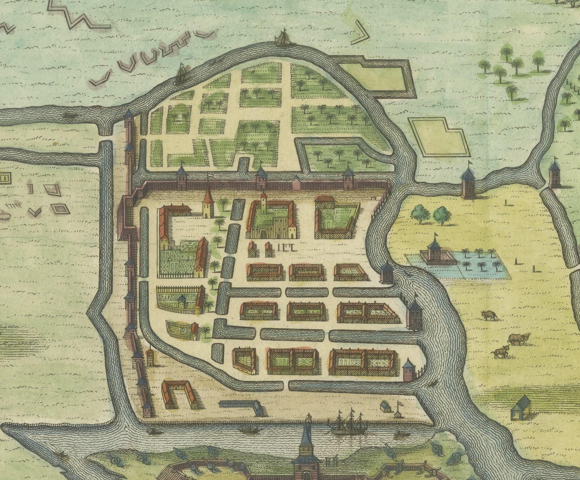 1763 Batavia: A Detailed Bird's-Eye View of Jakarta in the Dutch Colonial Era In Good Condition In Langweer, NL