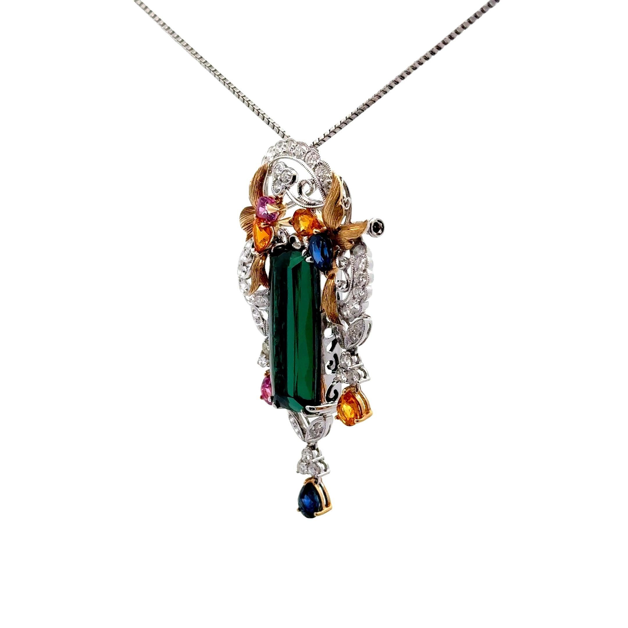 Contemporary 17.63 Carat Tourmaline Sapphire Diamond Platinum & 18k Yellow Gold PendantBrooch For Sale