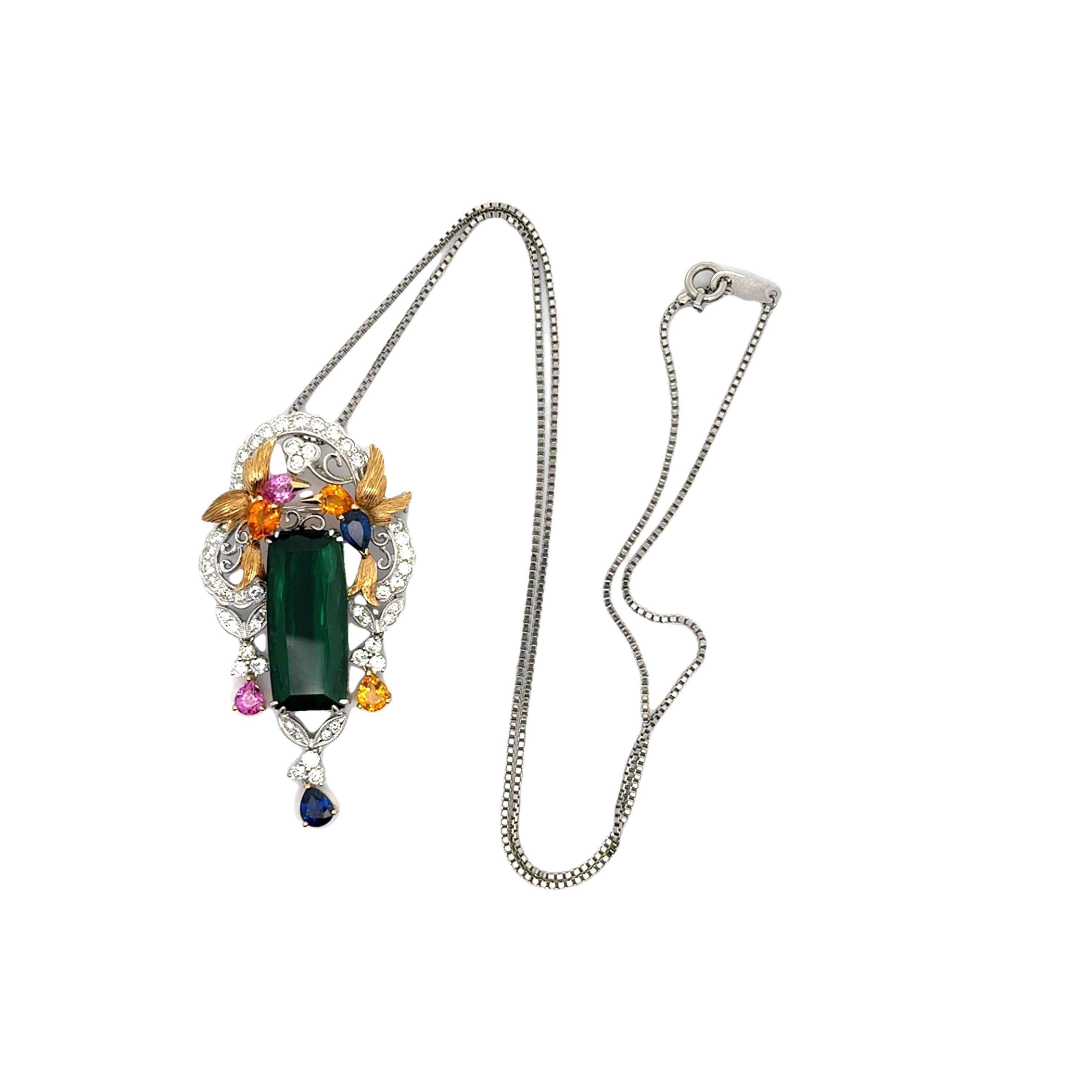 Cushion Cut 17.63 Carat Tourmaline Sapphire Diamond Platinum & 18k Yellow Gold PendantBrooch For Sale